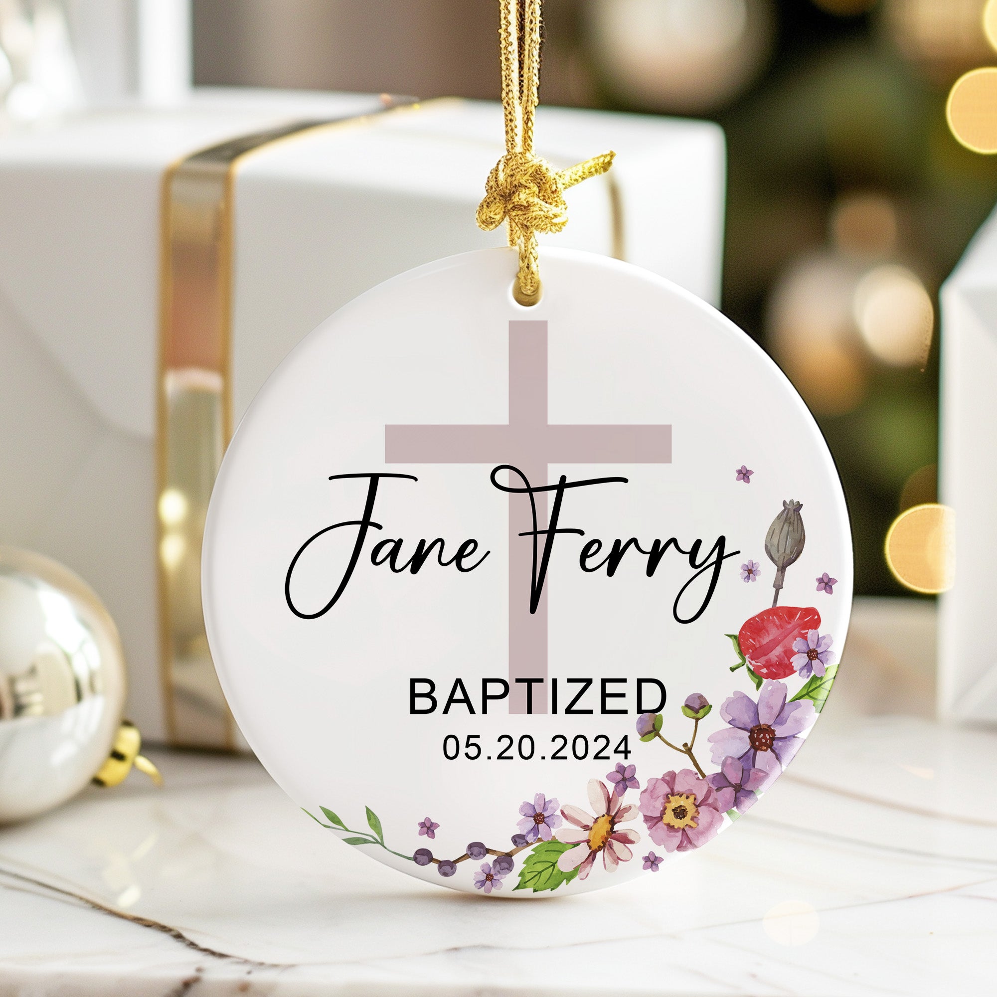 Personalized Floral Baptism Ceramic Ornament for Baby - Custom Name and Date Keepsake Gift - Image 6