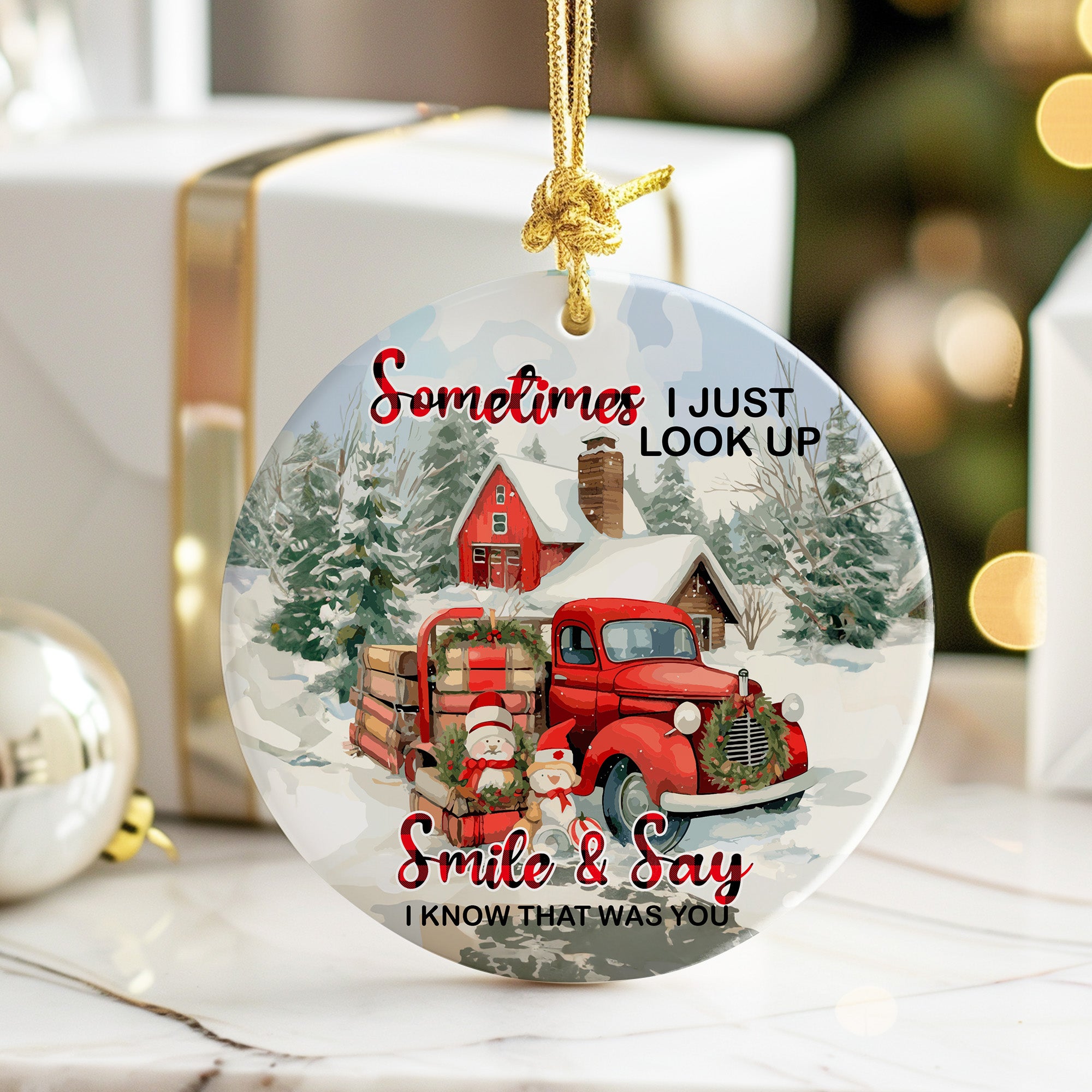 Personalized Memorial Christmas Ornament – Rustic Red Truck & Snowy Cabin Scene with Heartfelt Message – Perfect Gift for Remembering Loved Ones - Image 6