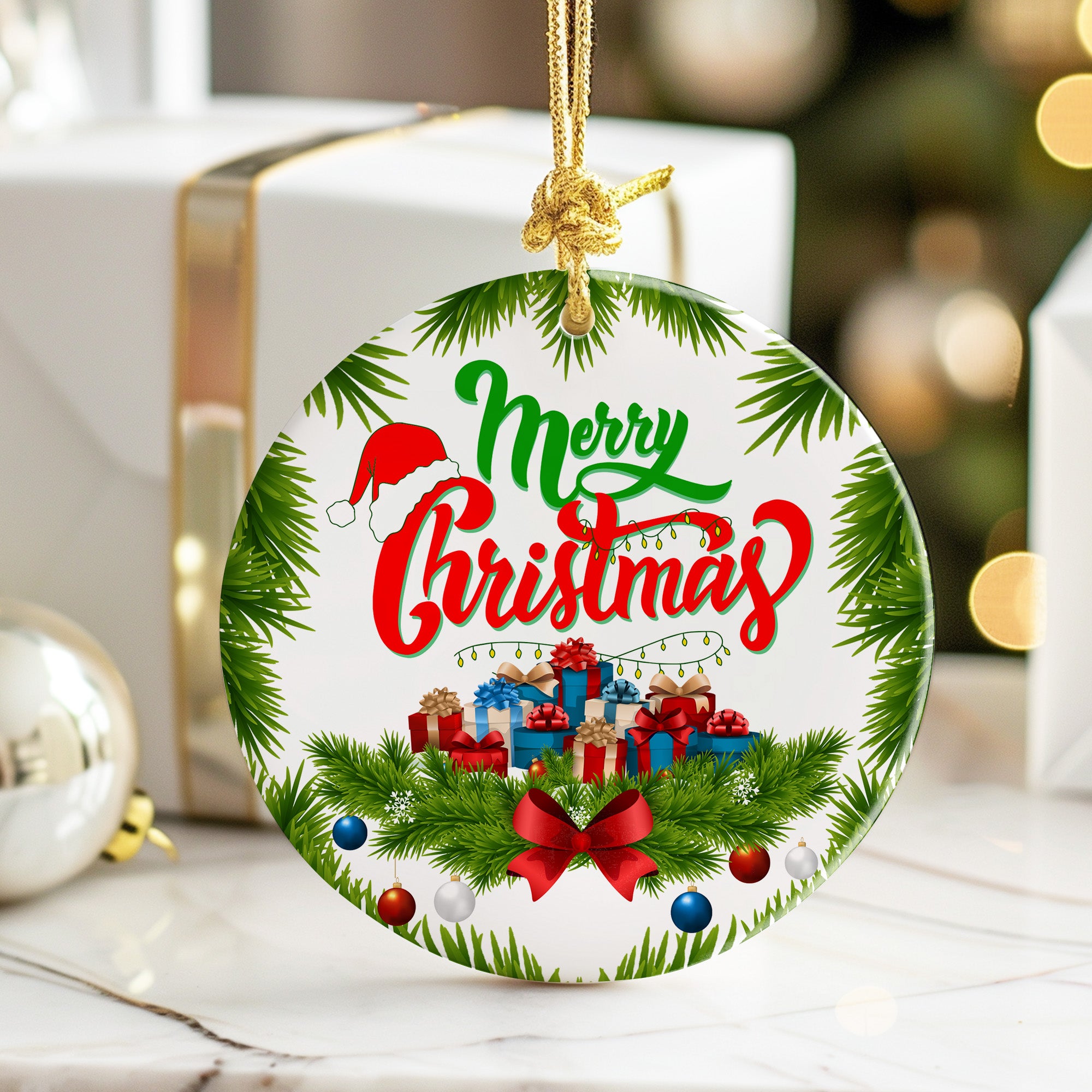 Personalized Merry Christmas Ceramic Ornament – Handcrafted Holiday Decor with Gift Imagery and Customization Options - Image 6