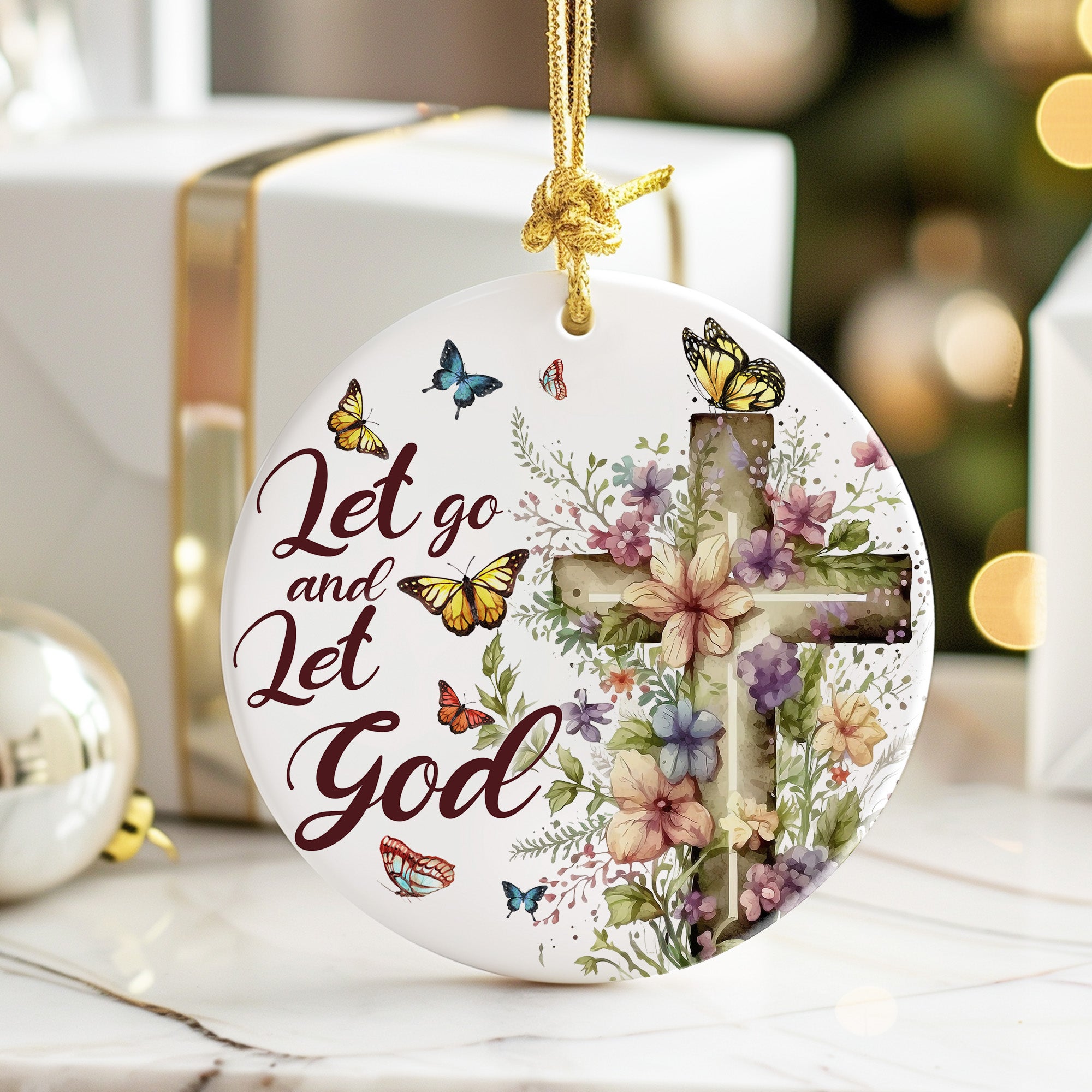 Personalized Floral Cross Ceramic Ornament – Inspirational "Let Go and Let God" with Butterflies – Perfect Gift for Spiritual Support and Home Decor - Image 6