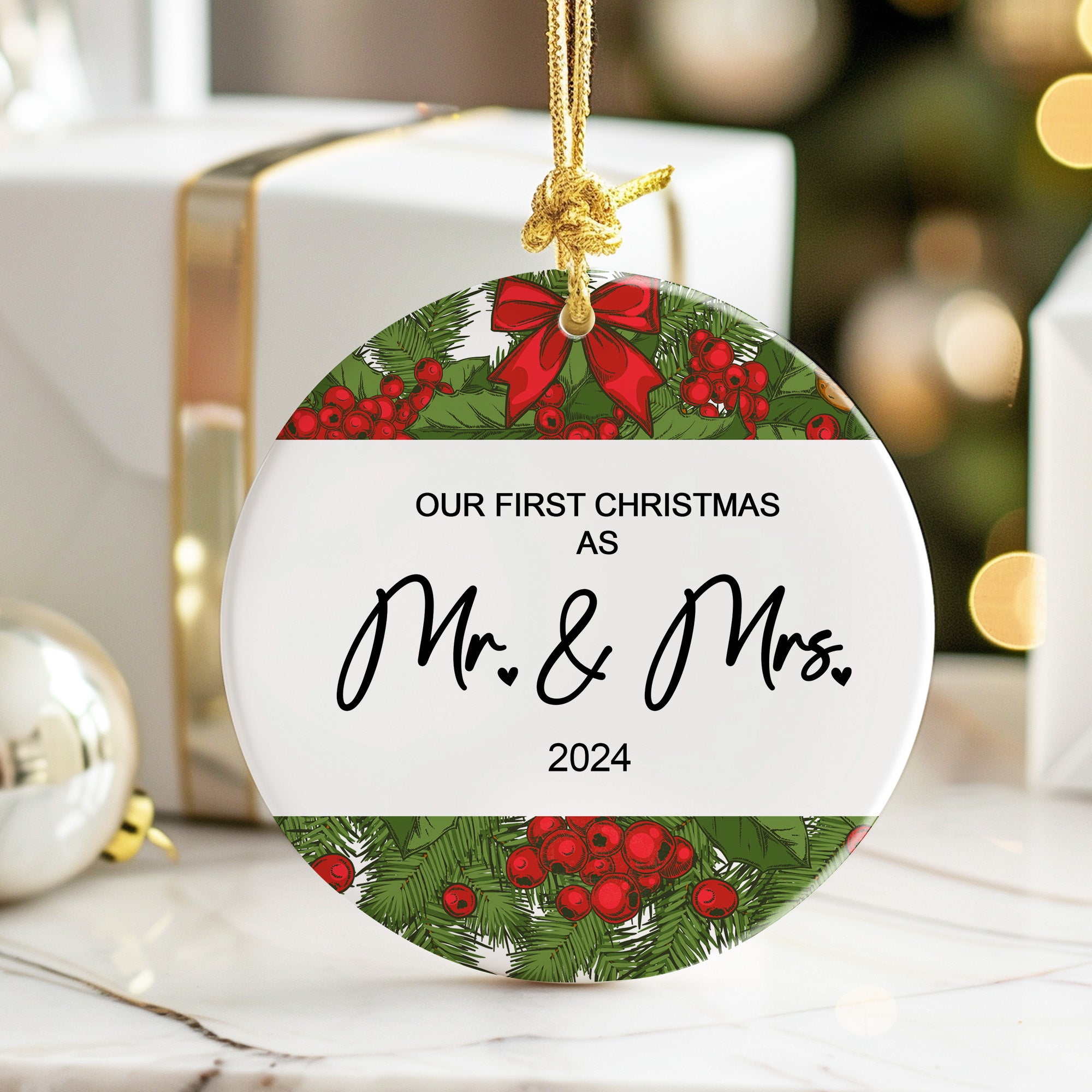 Personalized "Our First Christmas as Mr. & Mrs." 2024 Ceramic Ornament – Customizable Keepsake for Newlyweds - Image 6