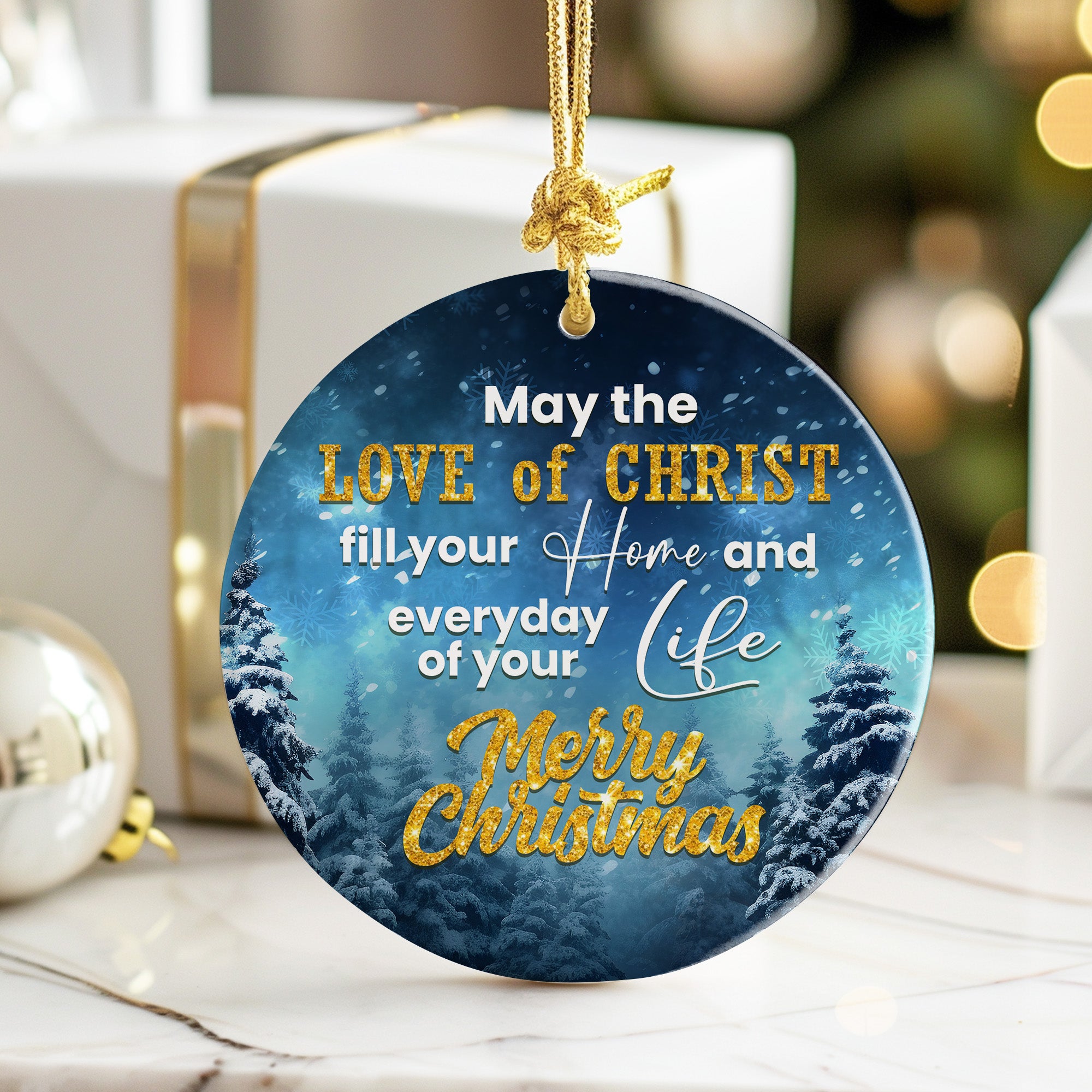 Personalized Ceramic Christmas Ornament - "Love of Christ" Design, Snowy Forest Scene, Perfect Gift for Family Celebrations - Image 6