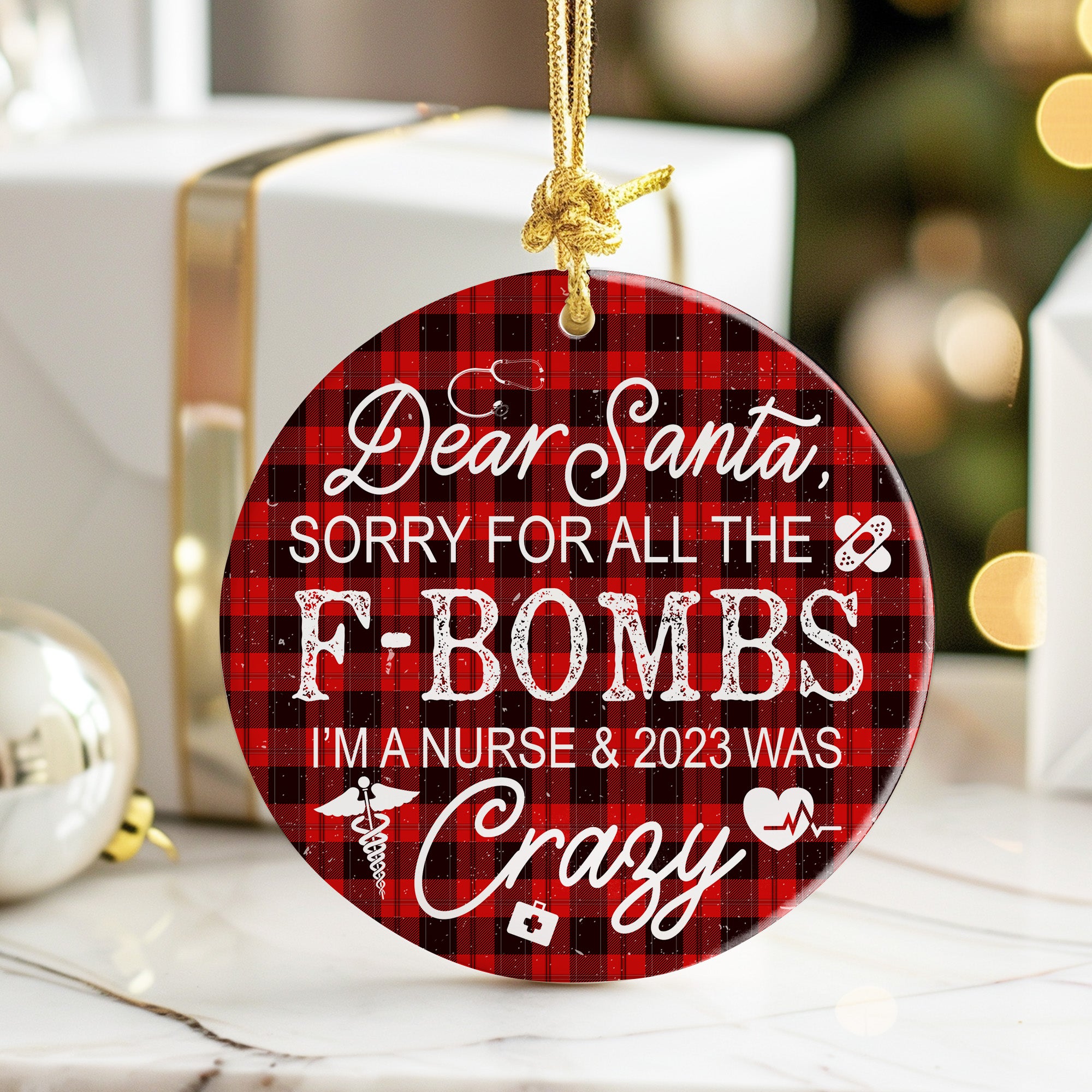 Personalized Nurse Christmas Ornament - Funny Plaid Ceramic Keepsake for Nurses - 2023 Holiday Humor Gift - Image 6