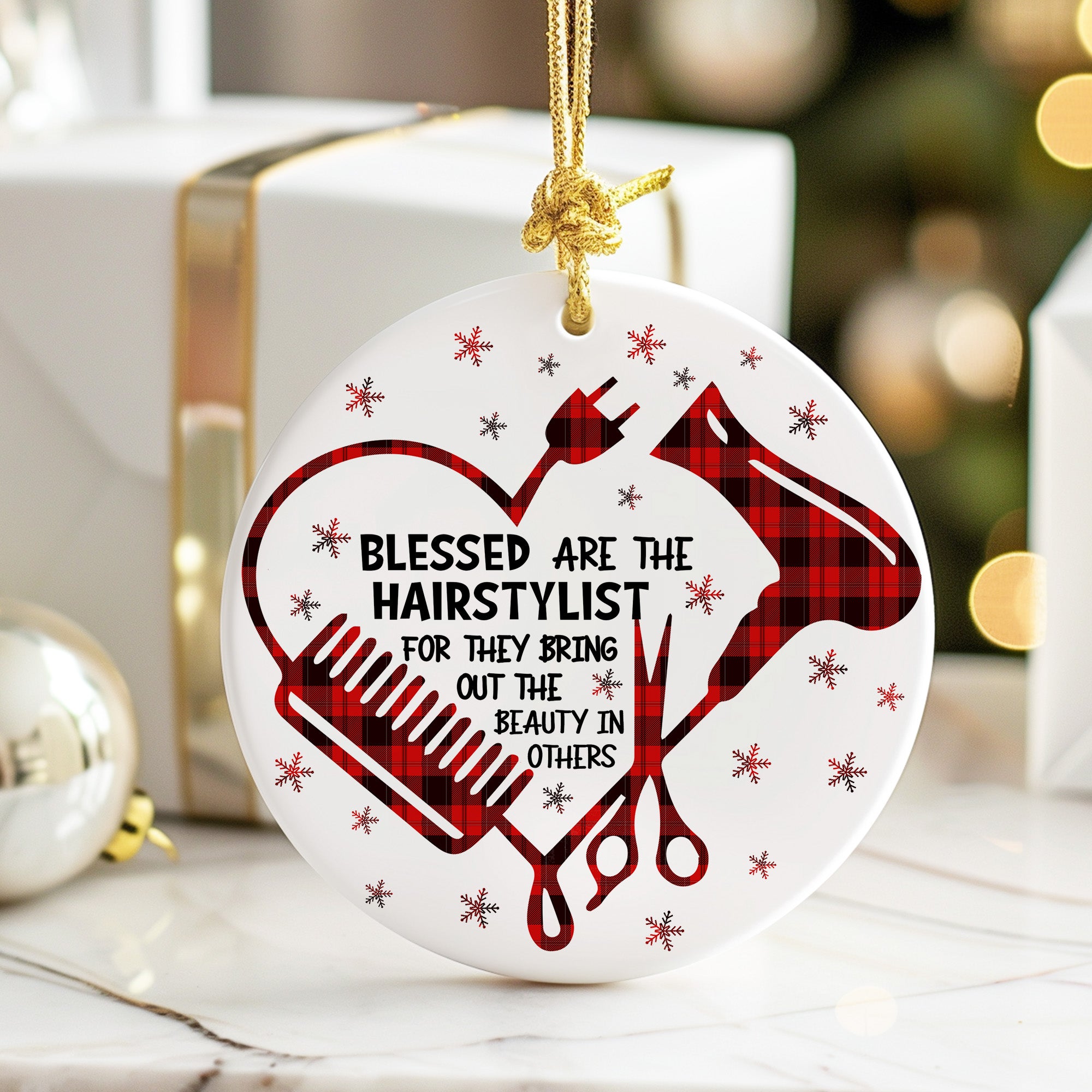 Custom Hairstylist Ceramic Ornament – Handcrafted Heart Design with Red Plaid Accents, Perfect Holiday Gift for Hair Professionals - Image 6