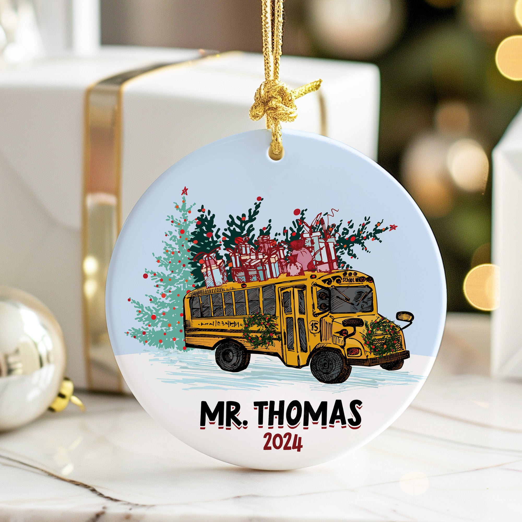 Personalized Ceramic Christmas Ornament with School Bus Design – Custom Teacher Gift 2024 – Unique Holiday Keepsake - Image 6