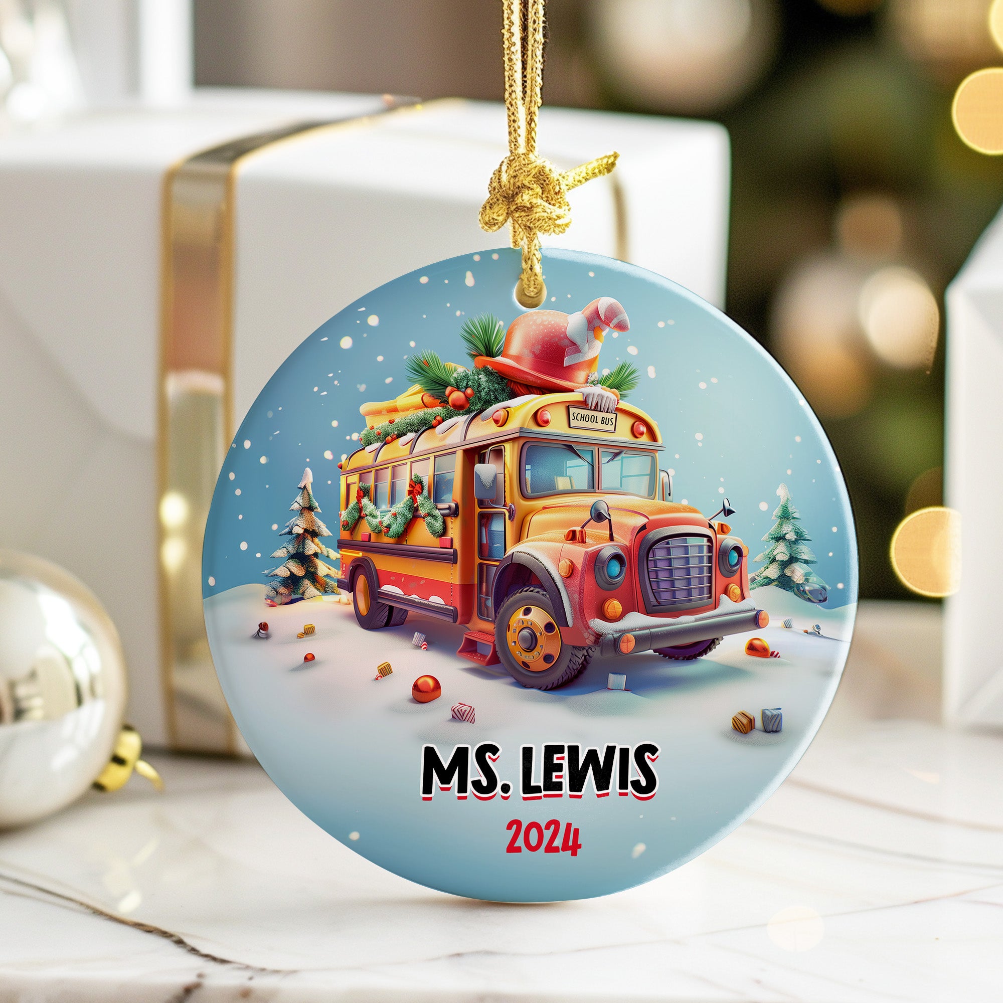 Personalized School Bus Christmas Ornament 2024 - Custom Ceramic Holiday Gift for Teachers - Image 6