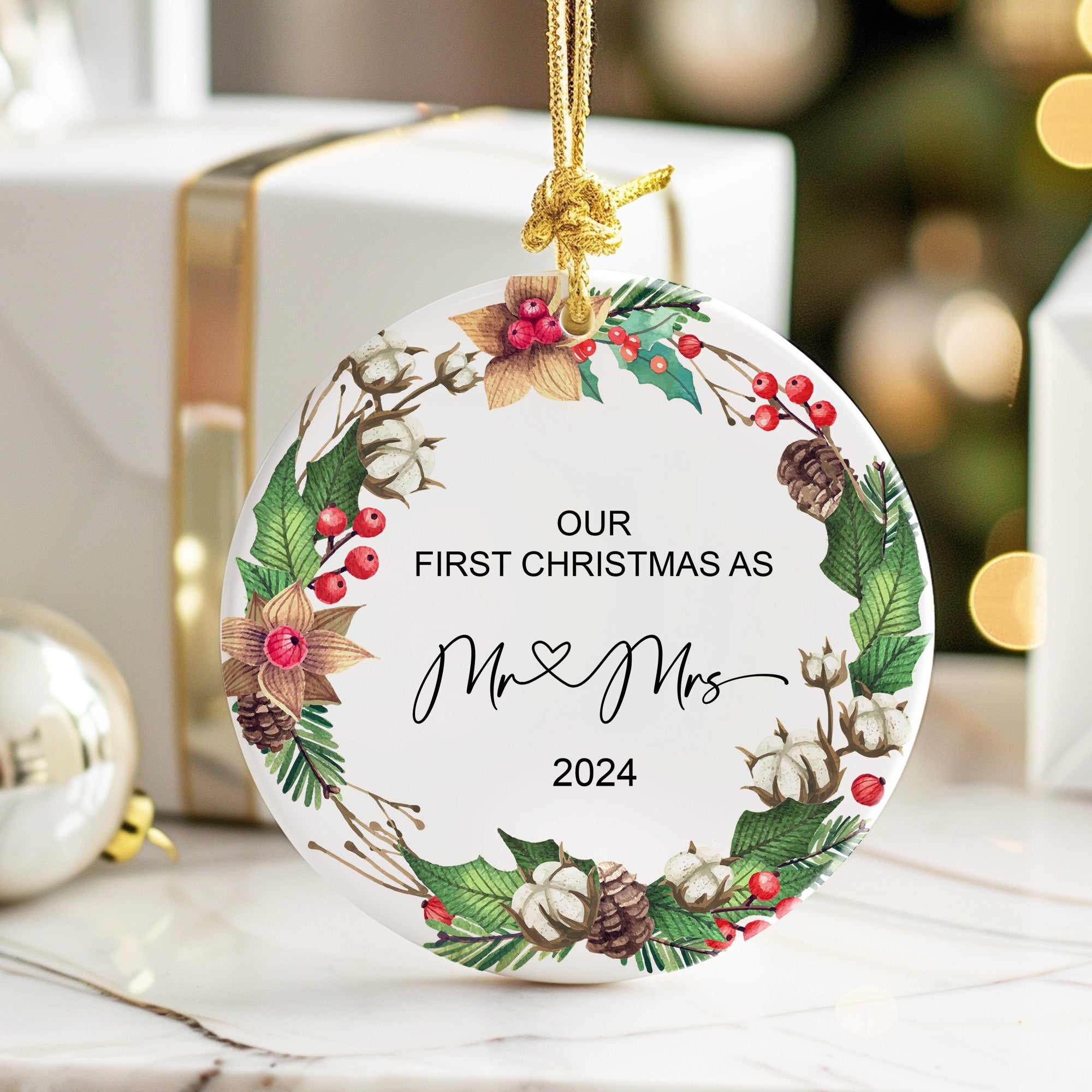 "Personalized 'Our First Christmas as Mr & Mrs' Ceramic Ornament – Custom Wedding Gift Keepsake for 2024 Holidays" - Image 6