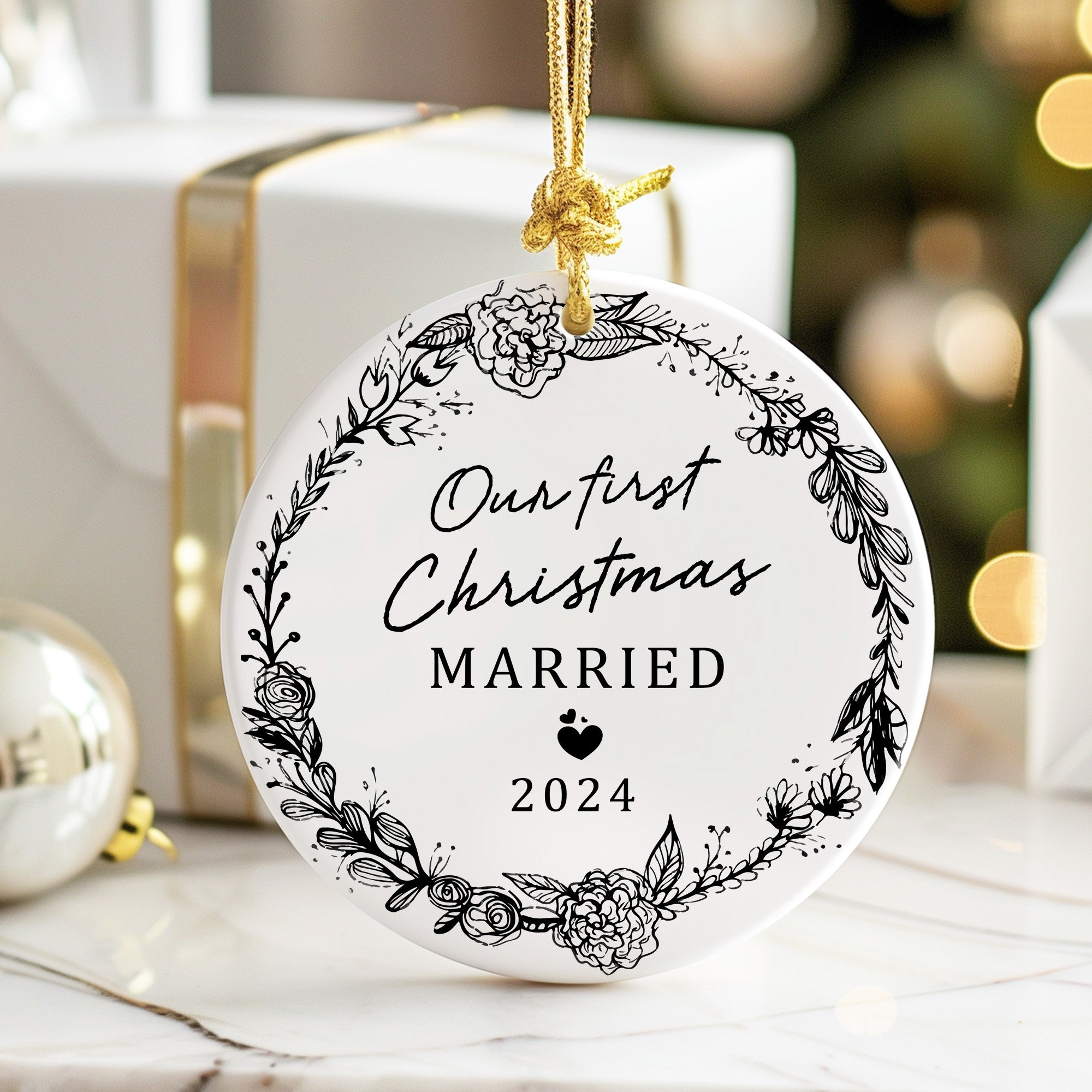 Personalized "Our First Christmas Married" 2024 Ceramic Ornament – Elegant Floral Design for Newlyweds - Image 6
