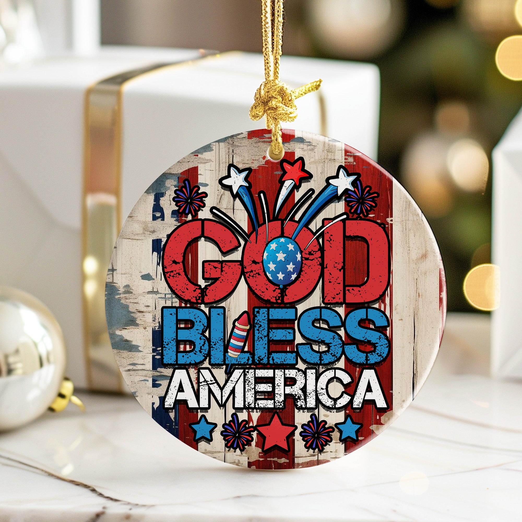 Personalized "God Bless America" Ceramic Ornament – Rustic Patriotic Decor with Custom Text for Holidays and Celebrations - Image 6