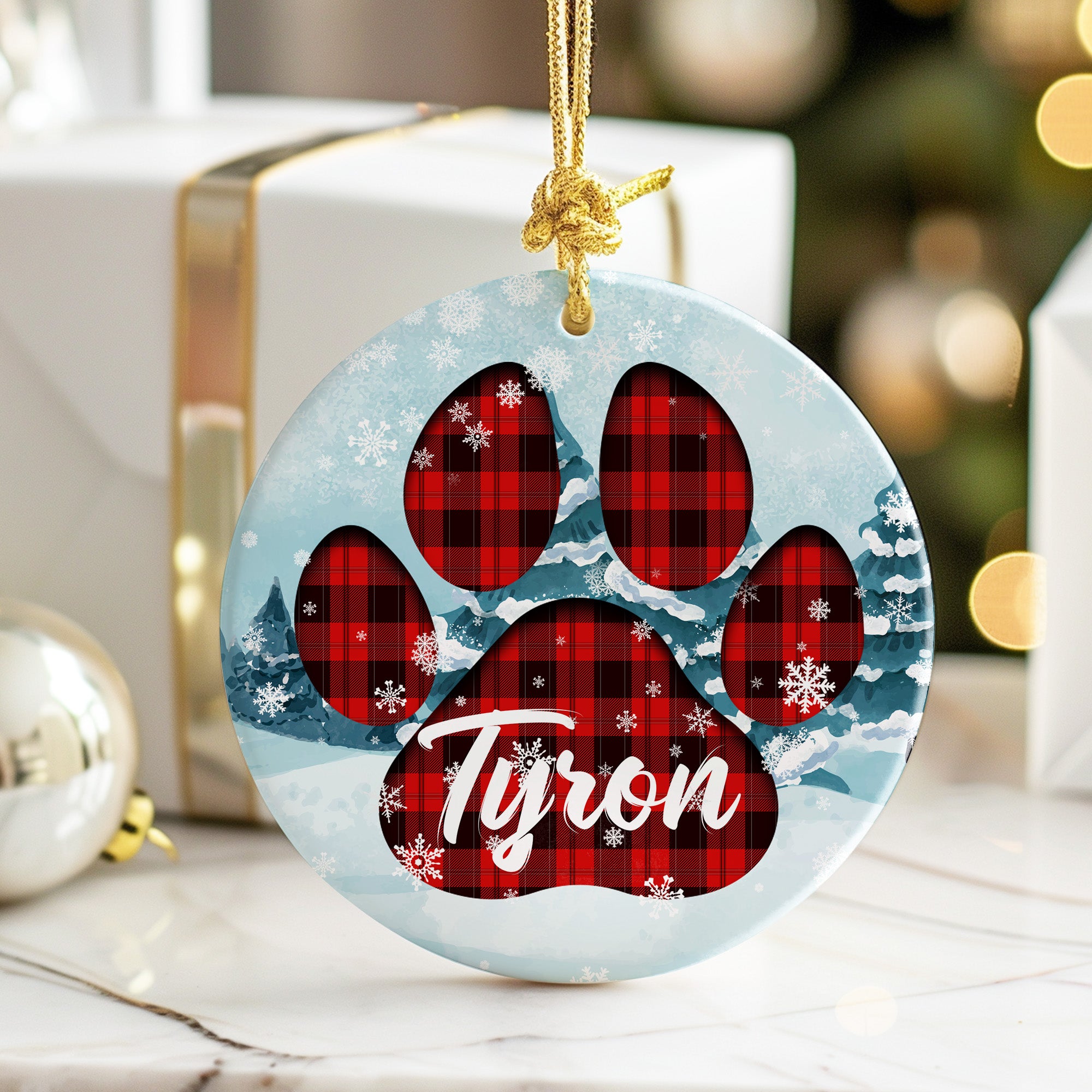 Personalized Paw Print Plaid Ceramic Ornament – Custom Pet Name, Holiday Decor Gift for Dog Lovers - Image 6