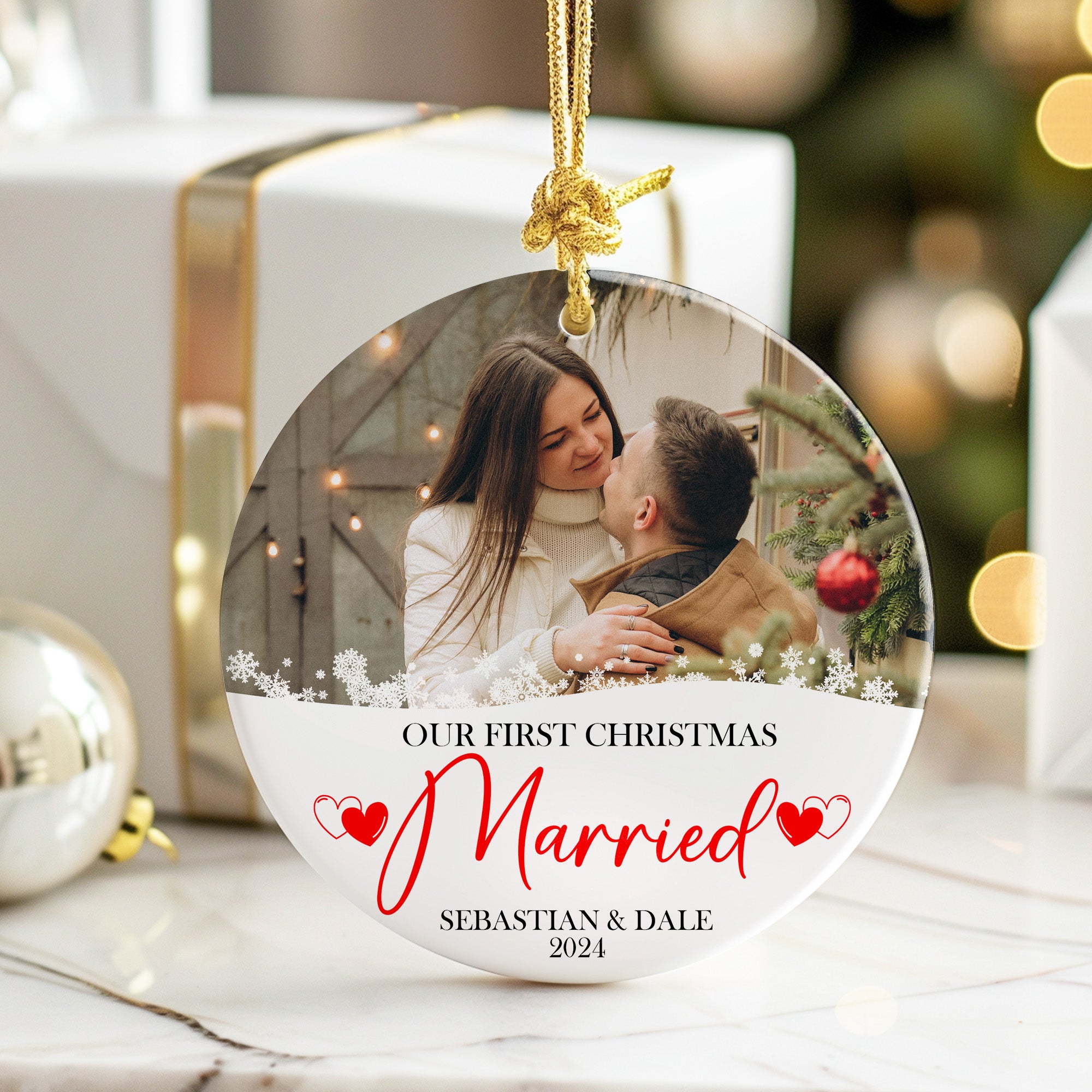 Personalized Our First Christmas Married Ceramic Ornament - Customizable Keepsake for Newlyweds, 2024 - Image 6