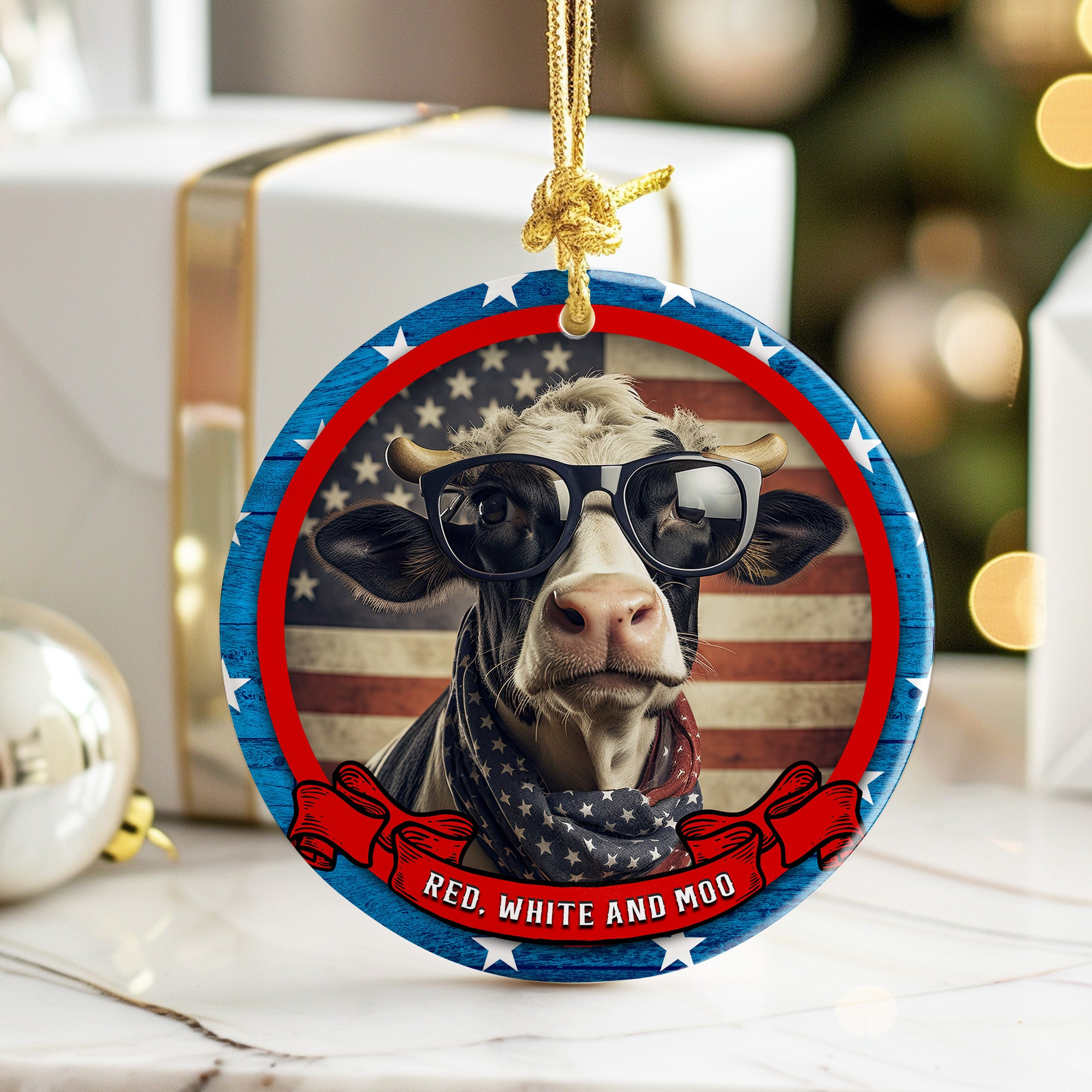 Patriotic Cow Ceramic Ornament - Red, White, and Moo! Personalized Décor for Animal Lovers - Image 6