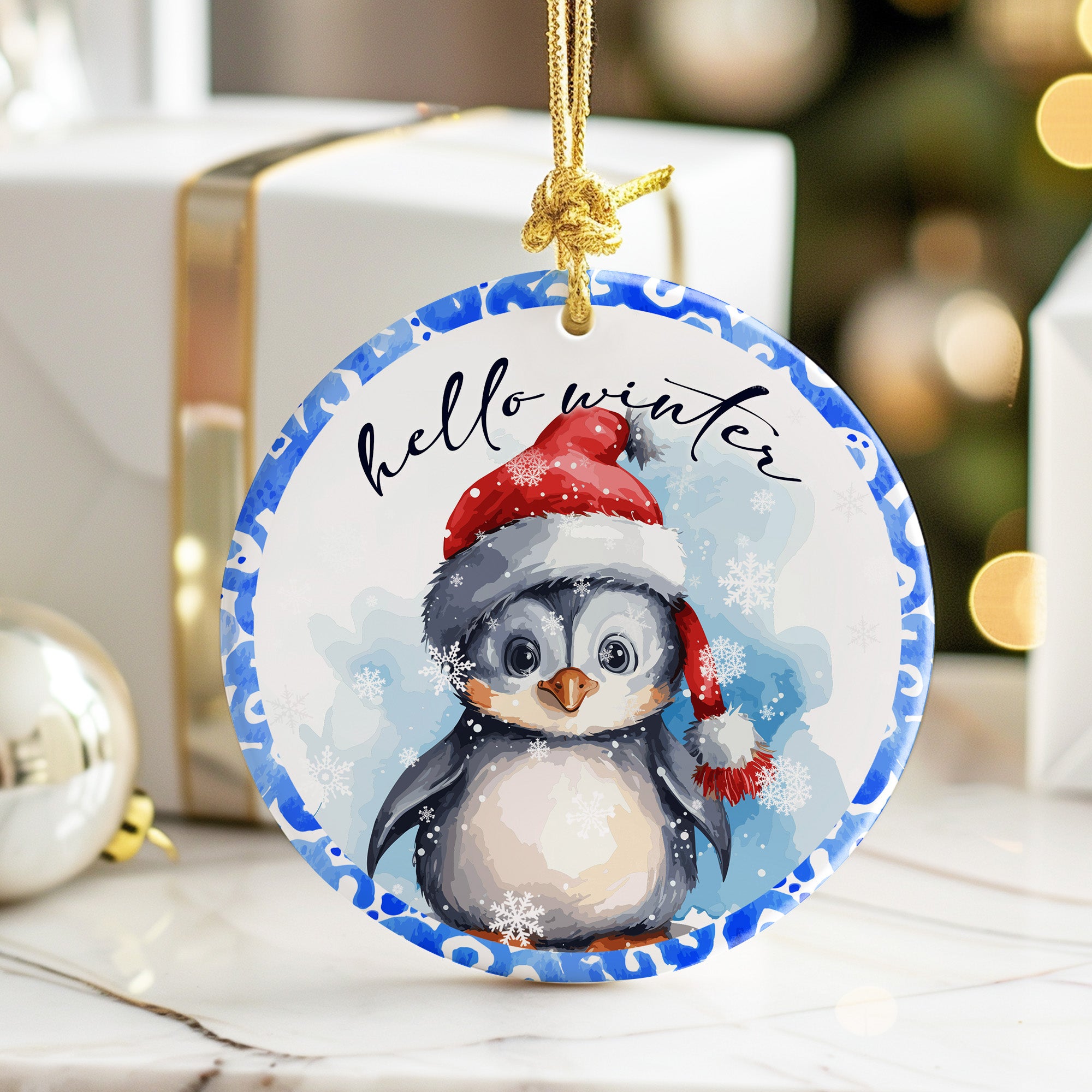 Personalized Winter Penguin Ceramic Ornament – Handcrafted Holiday Keepsake with Customizable Santa Hat and Snowflakes Design - Image 6