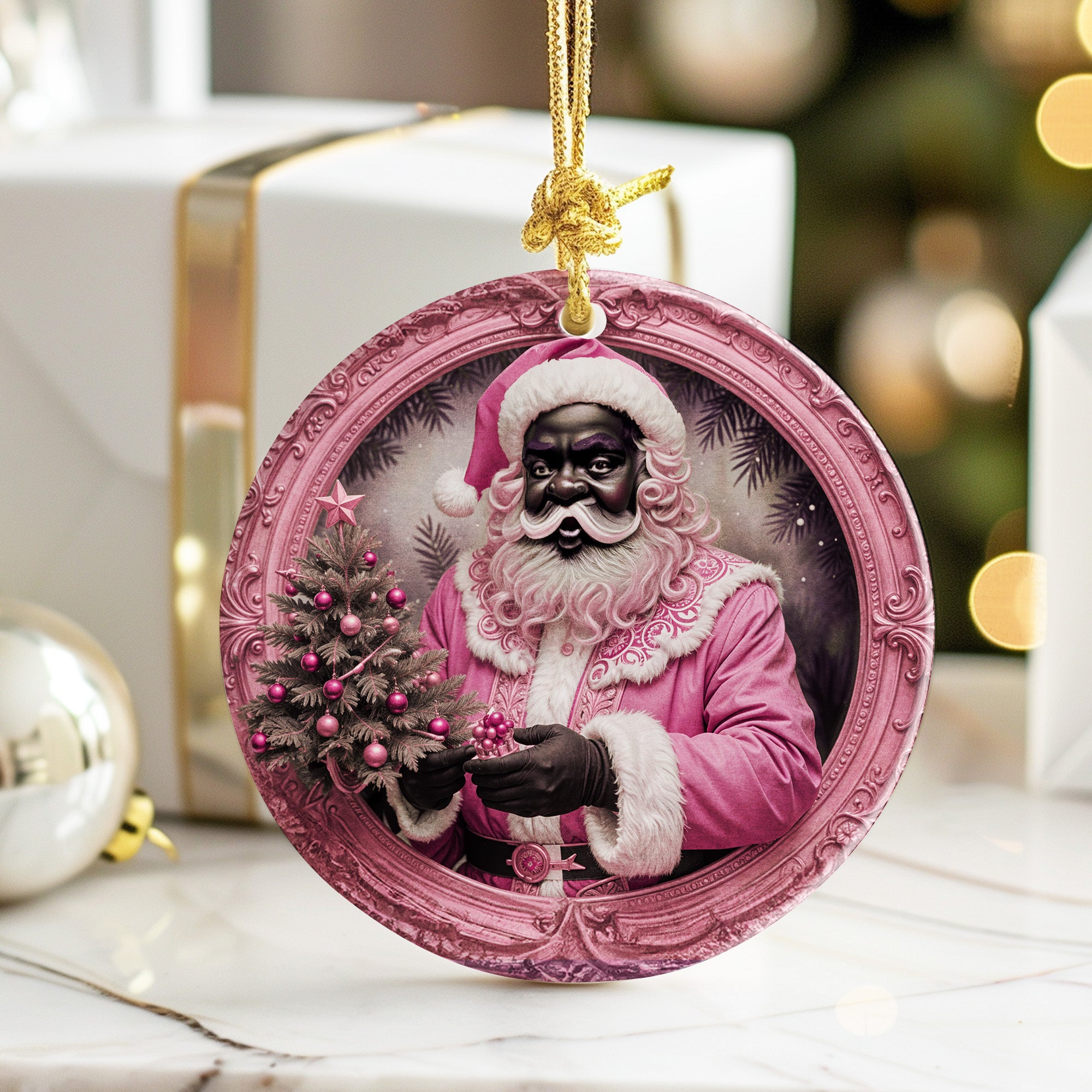 Personalized Handcrafted Black Santa Ceramic Ornament in Pink - Unique Christmas Decor & Perfect Gift - Image 6