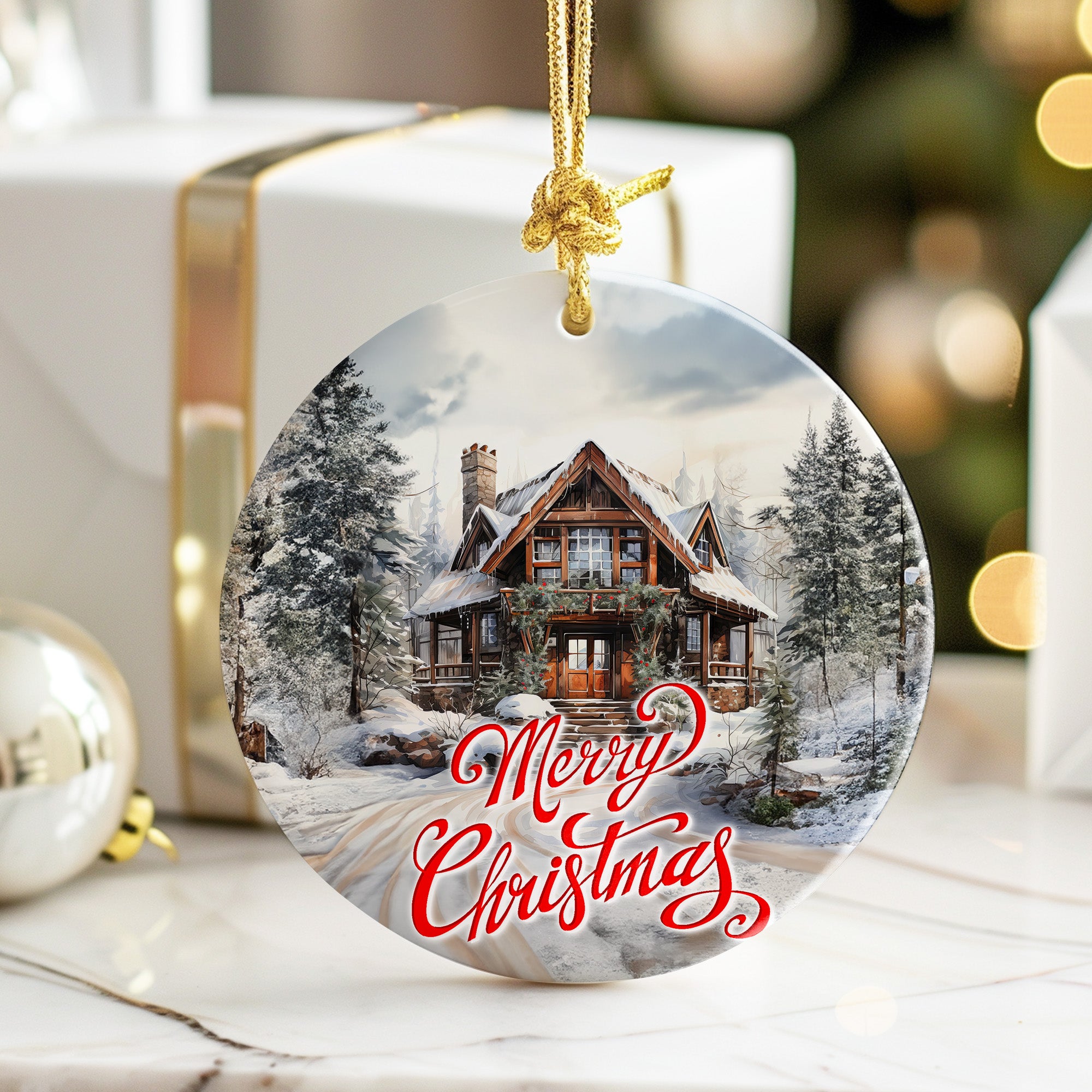 Personalized Merry Christmas Ceramic Ornament – Rustic Cabin Design with Snowy Forest for Perfect Holiday Decor and Heartfelt Gifts - Image 6