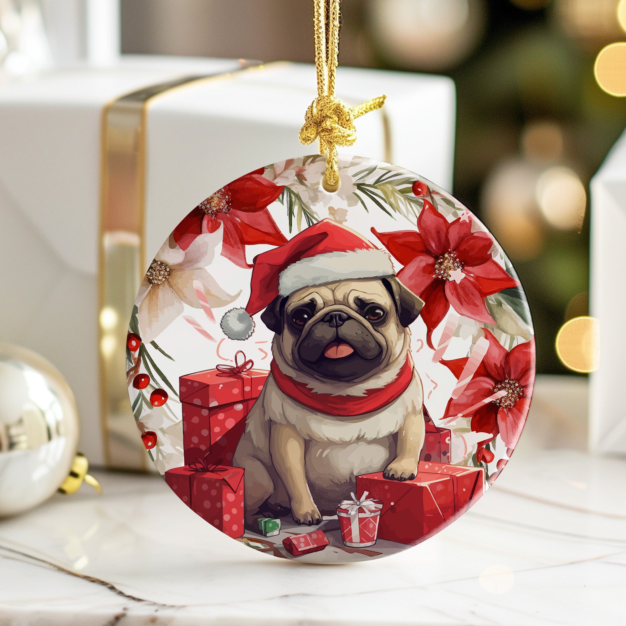 Personalized Pug in Santa Hat Holiday Ceramic Ornament - Handcrafted Christmas Decor with Custom Gift Message Option - Image 6