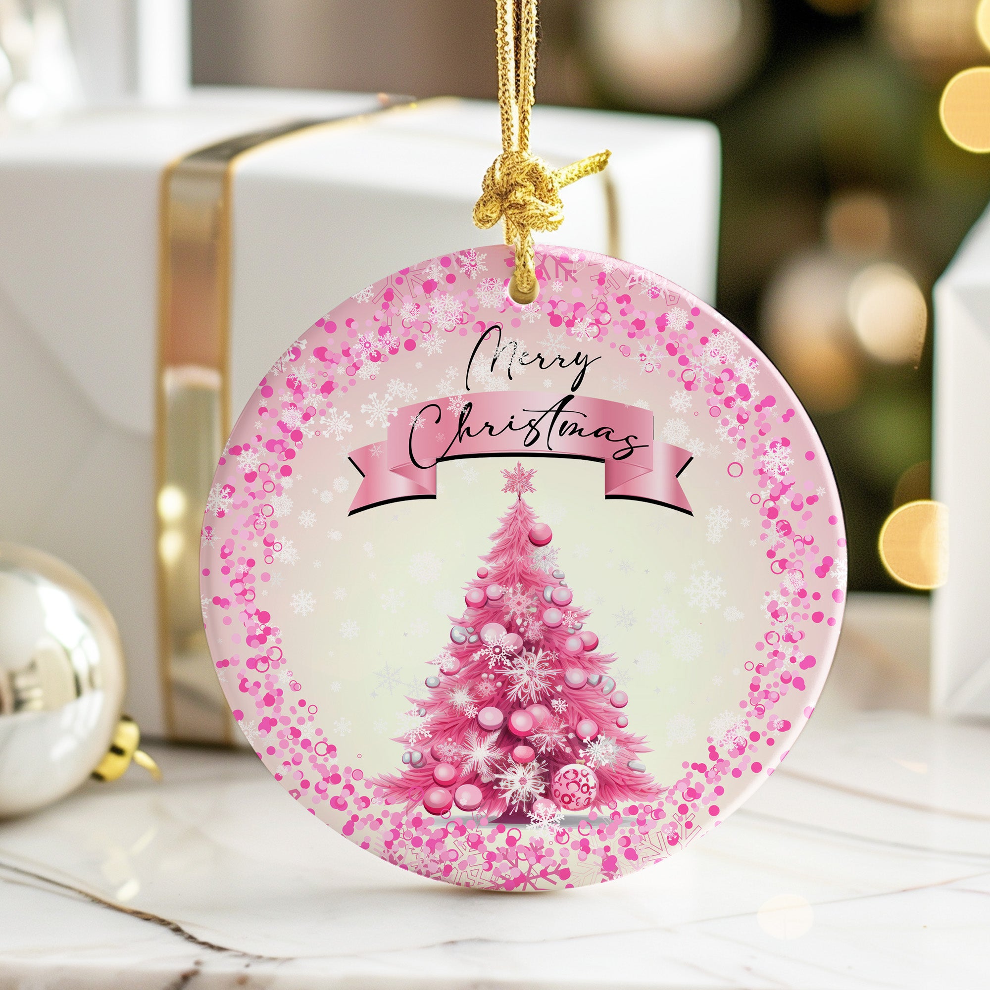 Personalized Pink Christmas Tree Ceramic Ornament - Custom Holiday Decoration with Festive Design, Perfect Gift for Her - Image 6