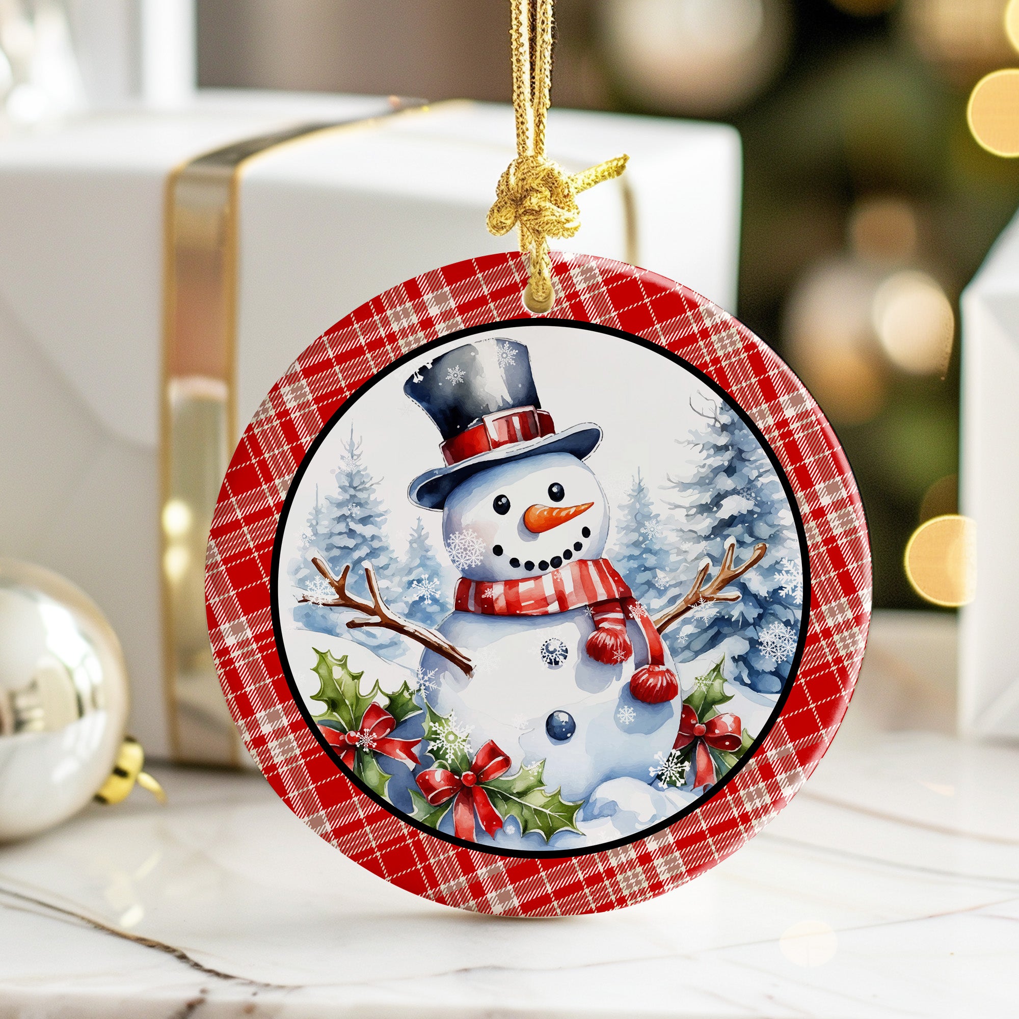 Personalized Snowman Ceramic Ornament - Customizable Holiday Keepsake with Festive Plaid Design - Image 6