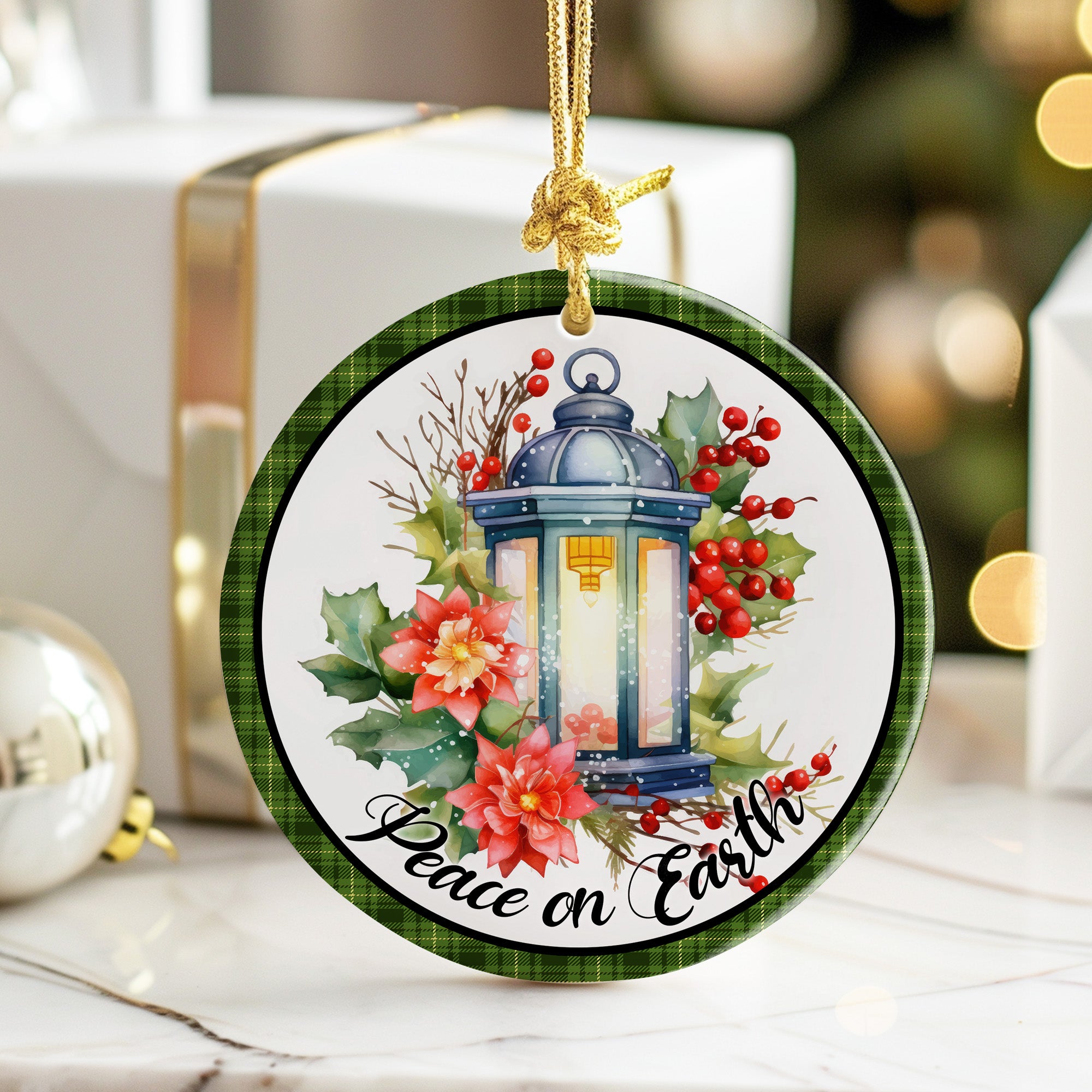 Personalized Ceramic Holiday Ornament with Lantern and Poinsettia - Handcrafted Christmas Gift for Peaceful Celebrations - Image 6