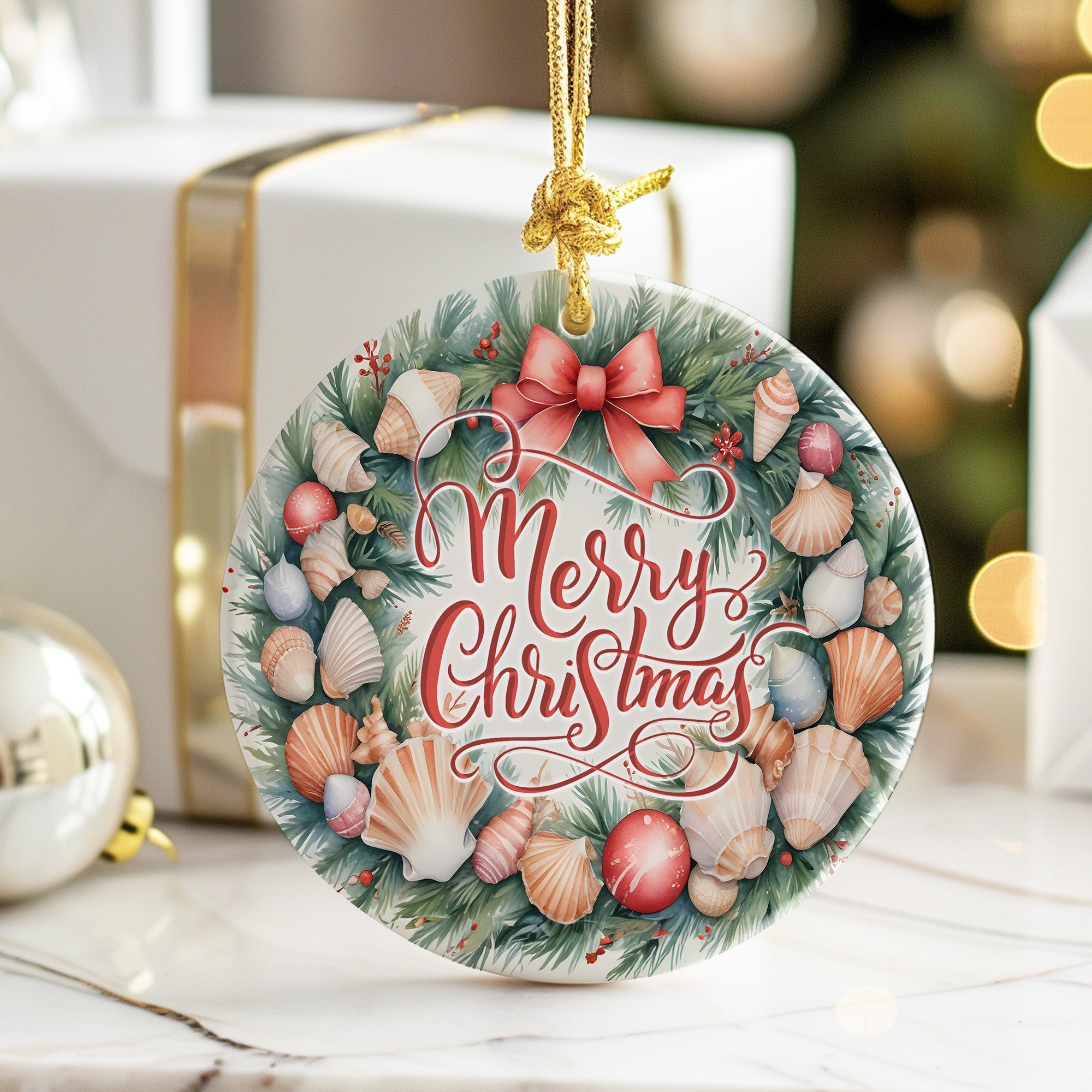 Personalized Merry Christmas Ceramic Ornament – Ocean Inspired Seashell Wreath with Festive Holiday Greeting - Image 6