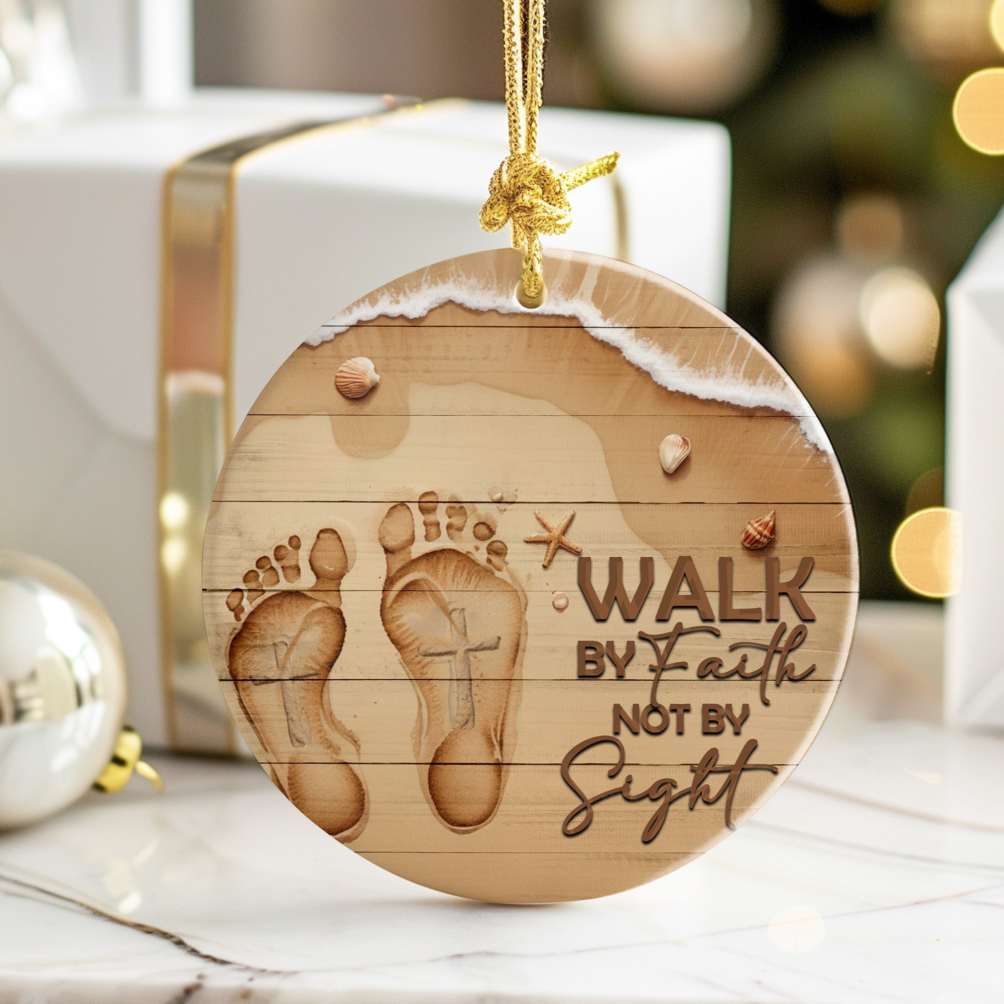 Personalized Footprints in the Sand Ceramic Ornament - "Walk by Faith" Beach Design - Perfect Inspirational Gift - Image 6