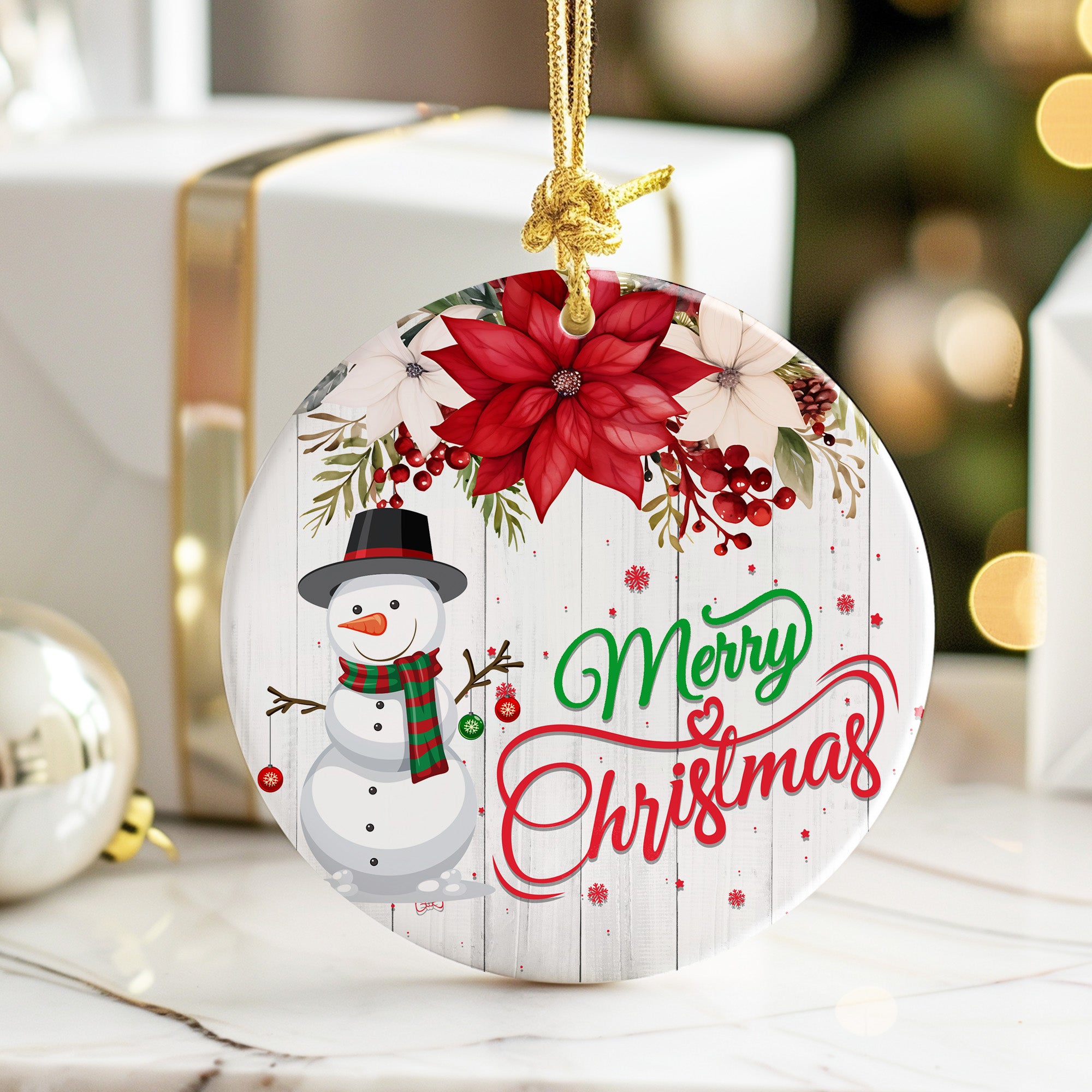 Personalized Merry Christmas Ceramic Ornament with Snowman and Poinsettia - Custom Holiday Decoration - Image 6