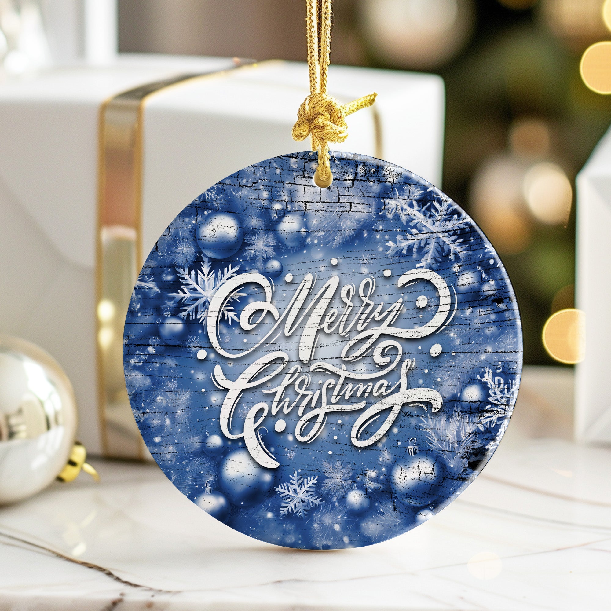 Personalized Blue Rustic Christmas Ornament - Handcrafted Ceramic with Elegant Script & Snowflake Design for Special Holiday Memories - Image 6