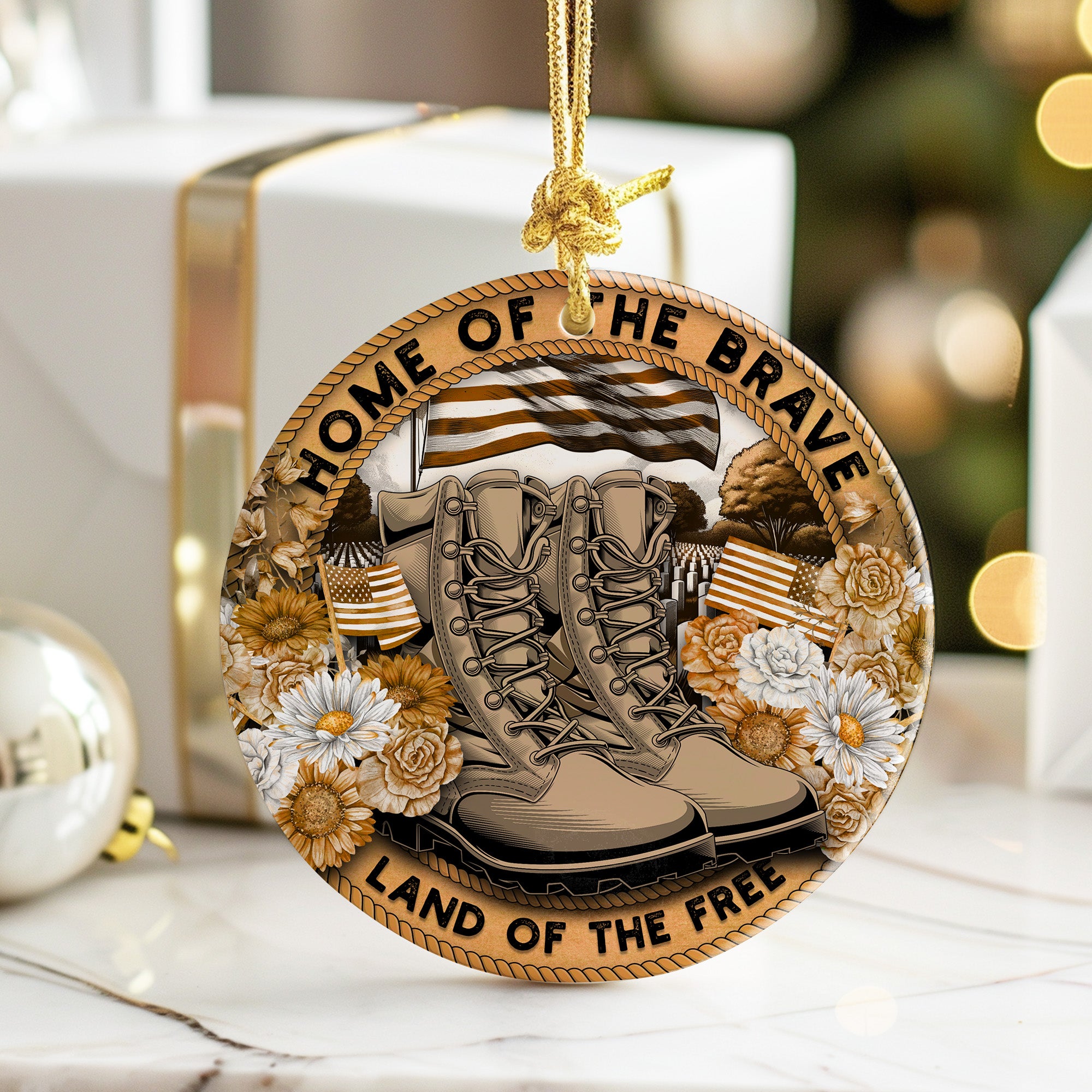 Personalized Ceramic Ornament - "Home of the Brave" Tribute with Military Boots and Floral Design - Image 6