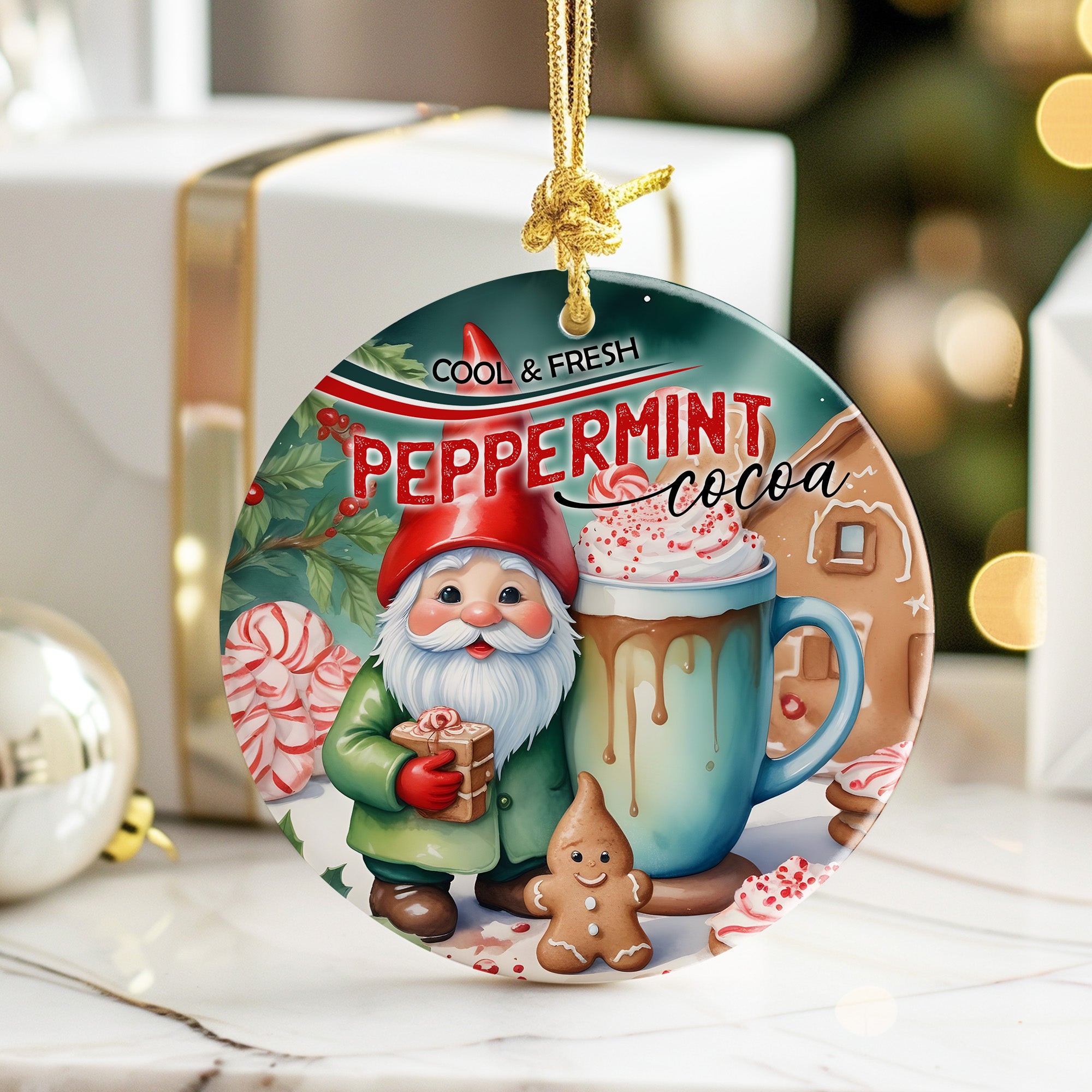 Personalized Peppermint Cocoa Christmas Ornament – Handmade Ceramic Gift with Festive Gnome Design - Image 6