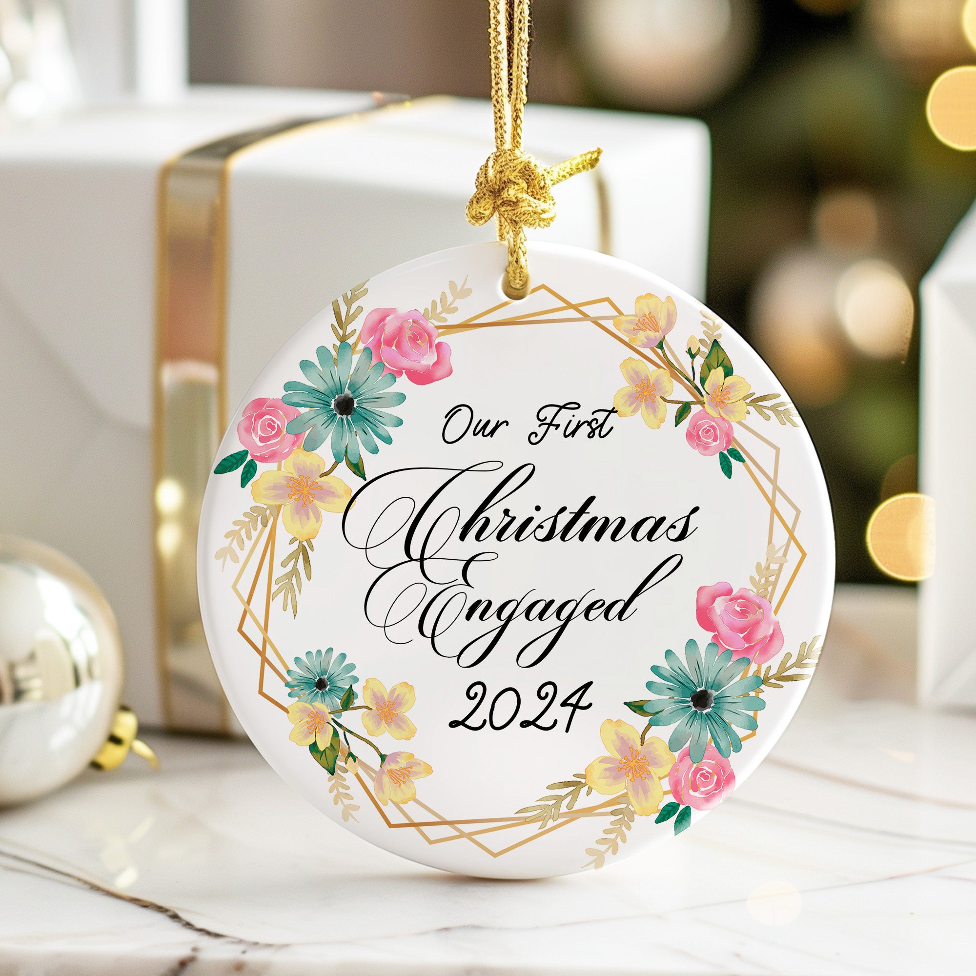 Personalized "Our First Christmas Engaged 2024" Ceramic Ornament - Handmade Floral Decor Keepsake - Image 6