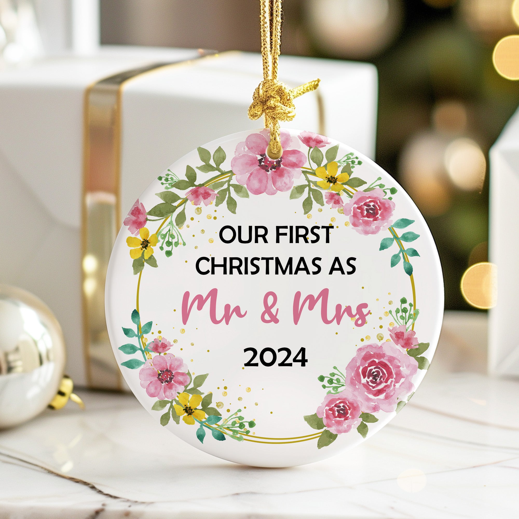 Personalized "Our First Christmas as Mr & Mrs" 2024 Ceramic Ornament - Handcrafted Floral Keepsake - Image 6