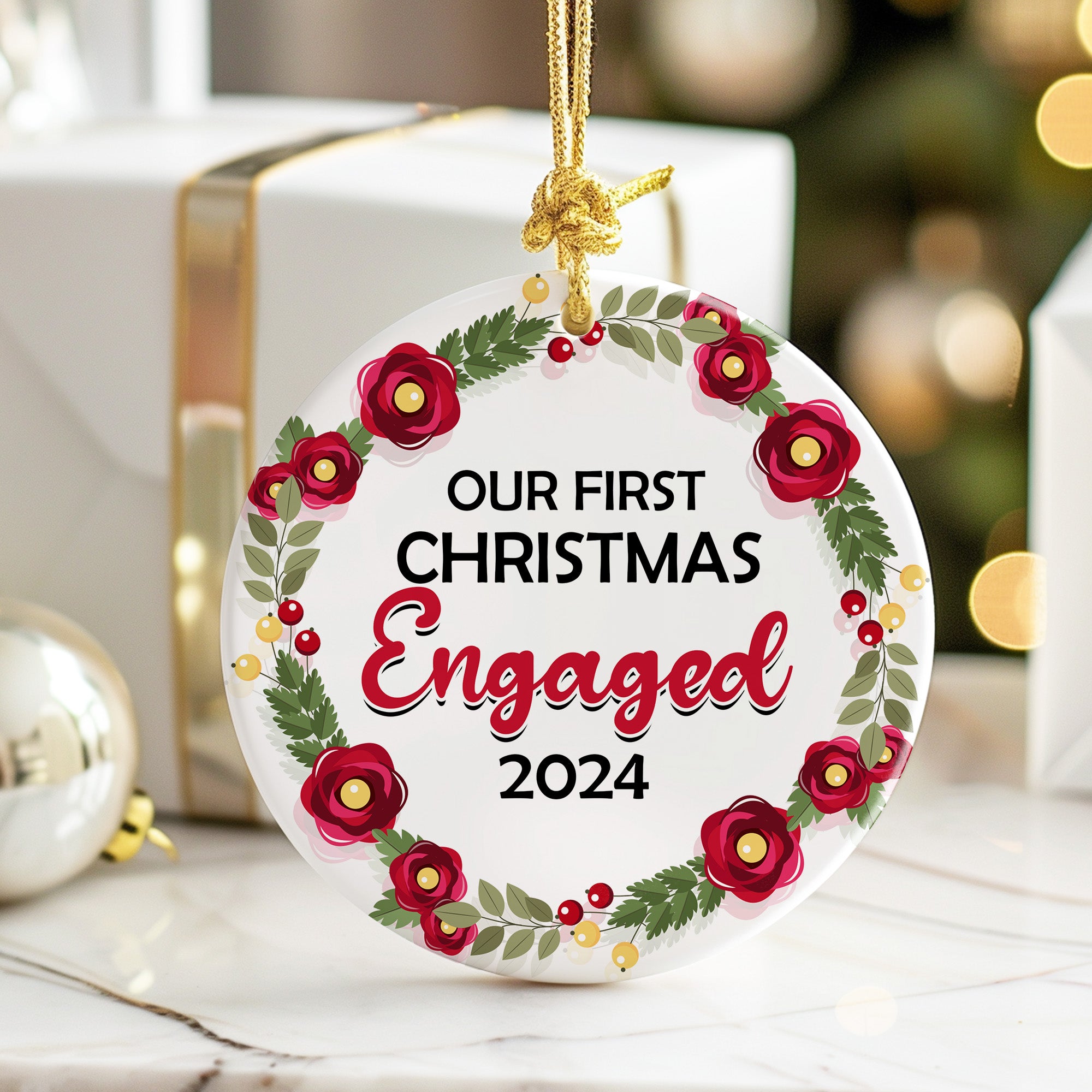 Personalized "Our First Christmas Engaged" Floral Ornament 2024 - Handcrafted Ceramic Keepsake for Couples - Image 6