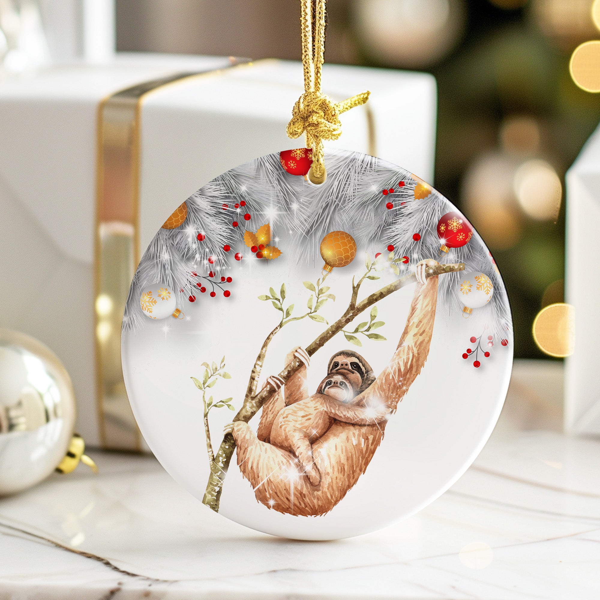 Personalized Sloth Christmas Ornament – Handcrafted Ceramic Keepsake with Beautiful Festive Detailing - Image 6