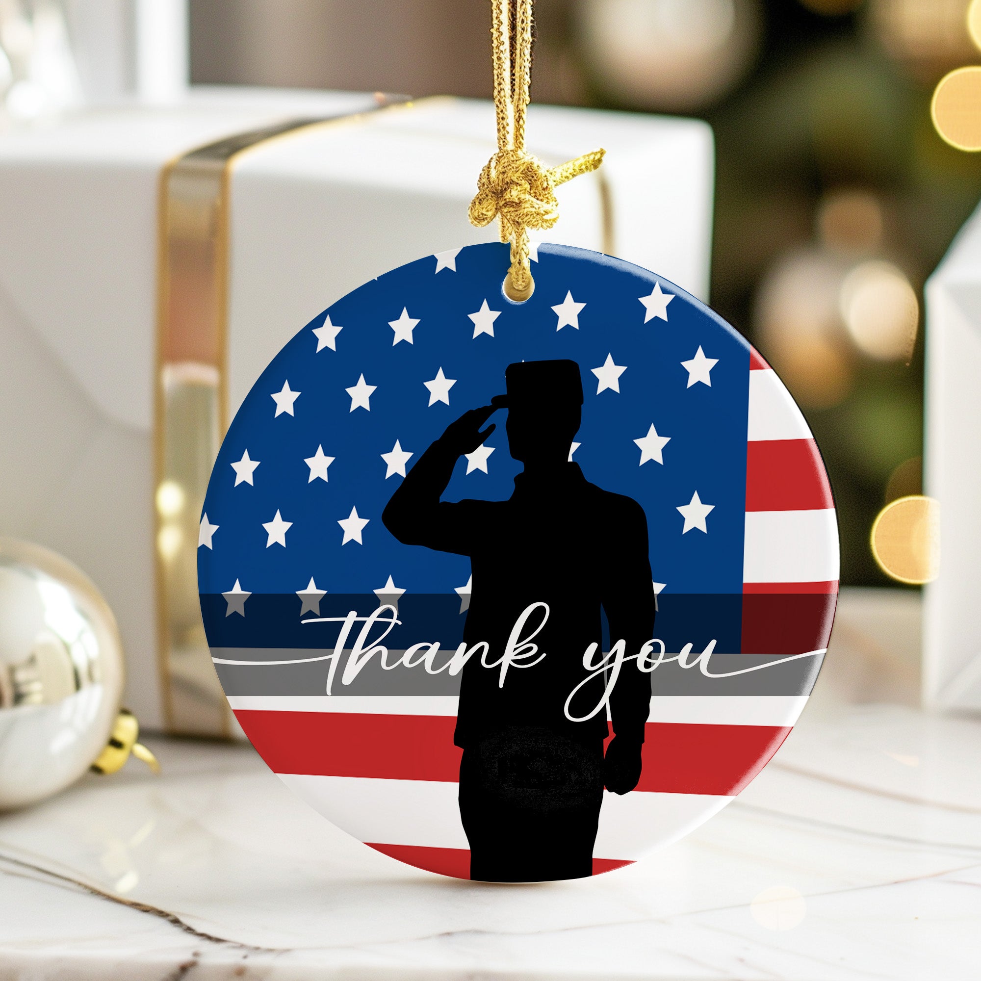Personalized Patriotic Ceramic Ornament - Handmade USA Flag Design with Soldier Silhouette and Thank You Message - Perfect Veterans Day Gift - Image 6