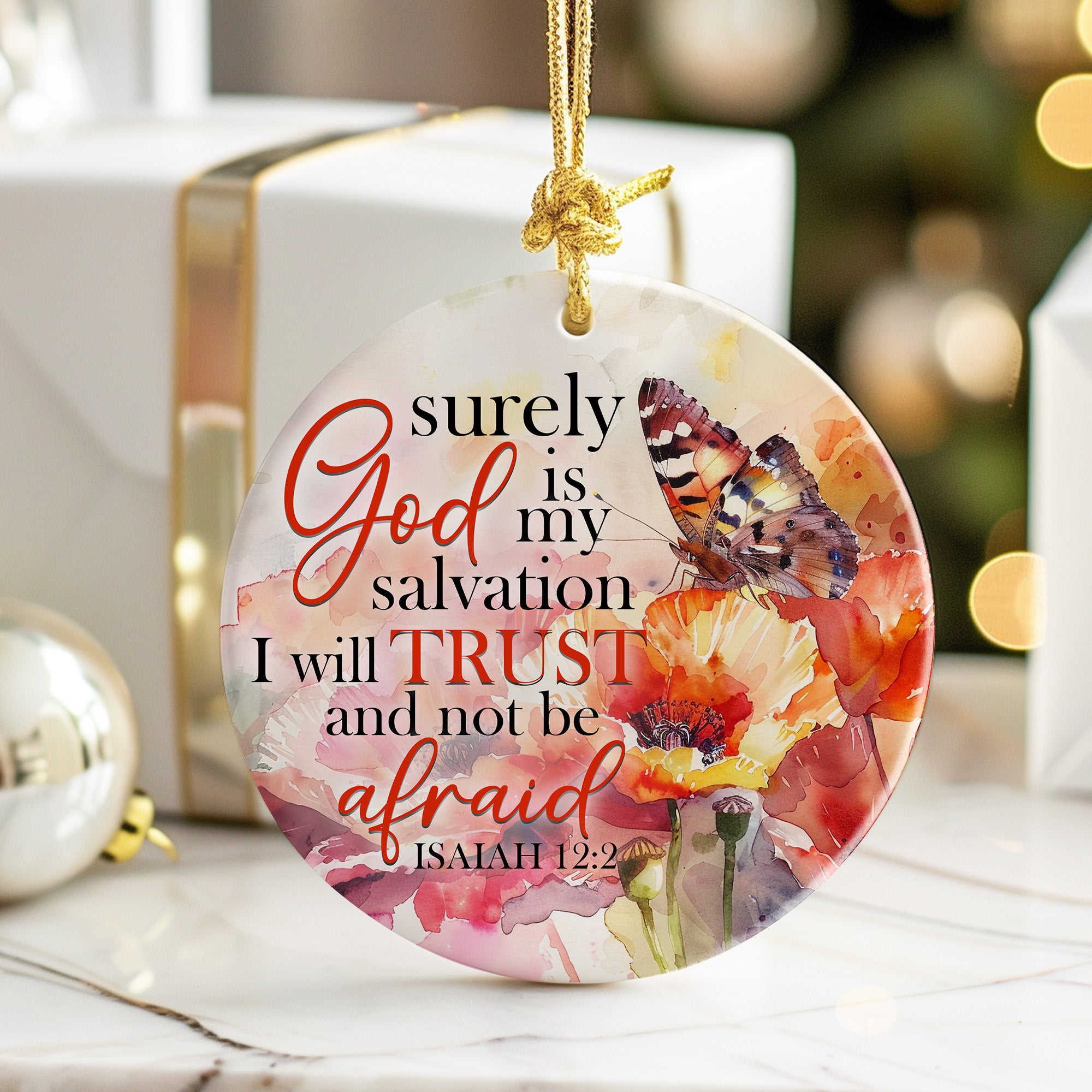 Personalized Inspirational Watercolor Ceramic Ornament – Isaiah 12:2 Butterfly & Floral Design for Spiritual Gift-Giving - Image 6