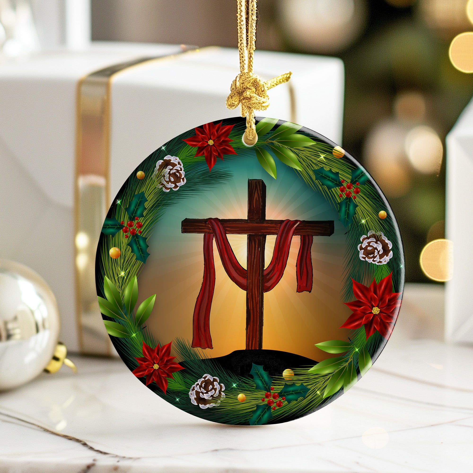 Personalized Radiant Cross Ceramic Ornament with Seasonal Wreath Design – Perfect Custom Gift for Faithful Celebrations - Image 6
