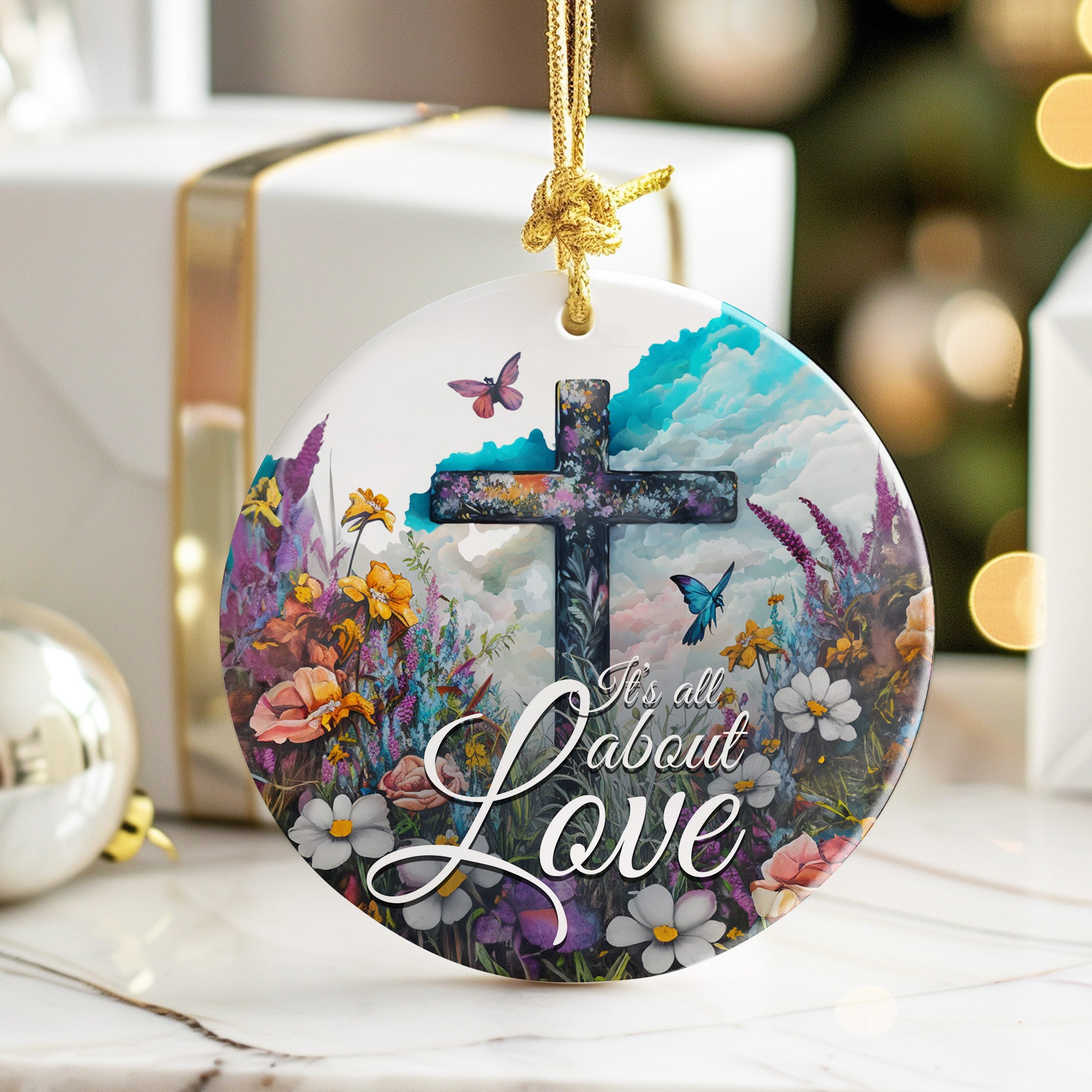 Personalized Floral Ceramic Ornament with Cross and Inspirational Quote – Customizable Gift for Special Occasions - Image 6