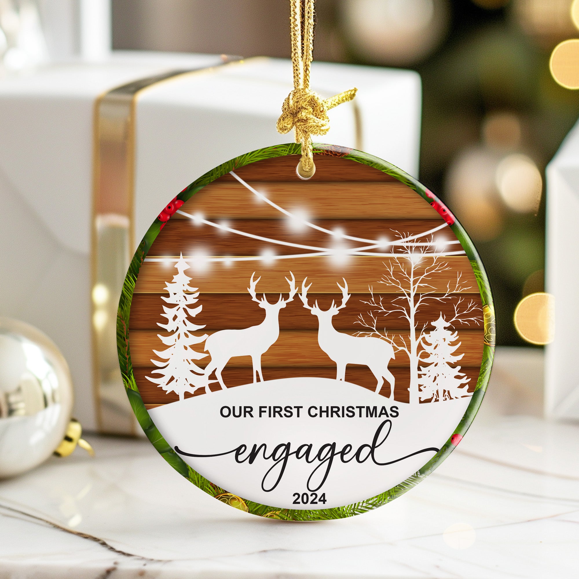 Personalized "Our First Christmas Engaged" Ceramic Ornament 2024 - Customizable Gift for Couples - Image 6