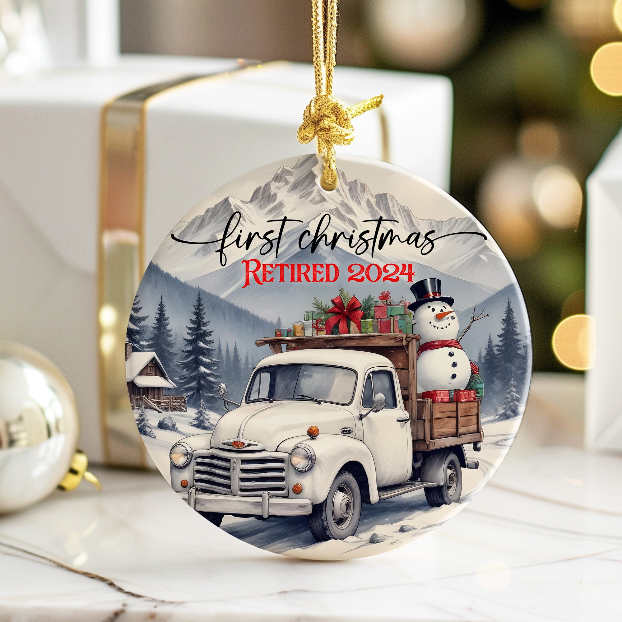 Personalized First Christmas 2024 Retirement Ceramic Ornament – Handcrafted Keepsake with Vintage Truck and Snowman Design - Image 6