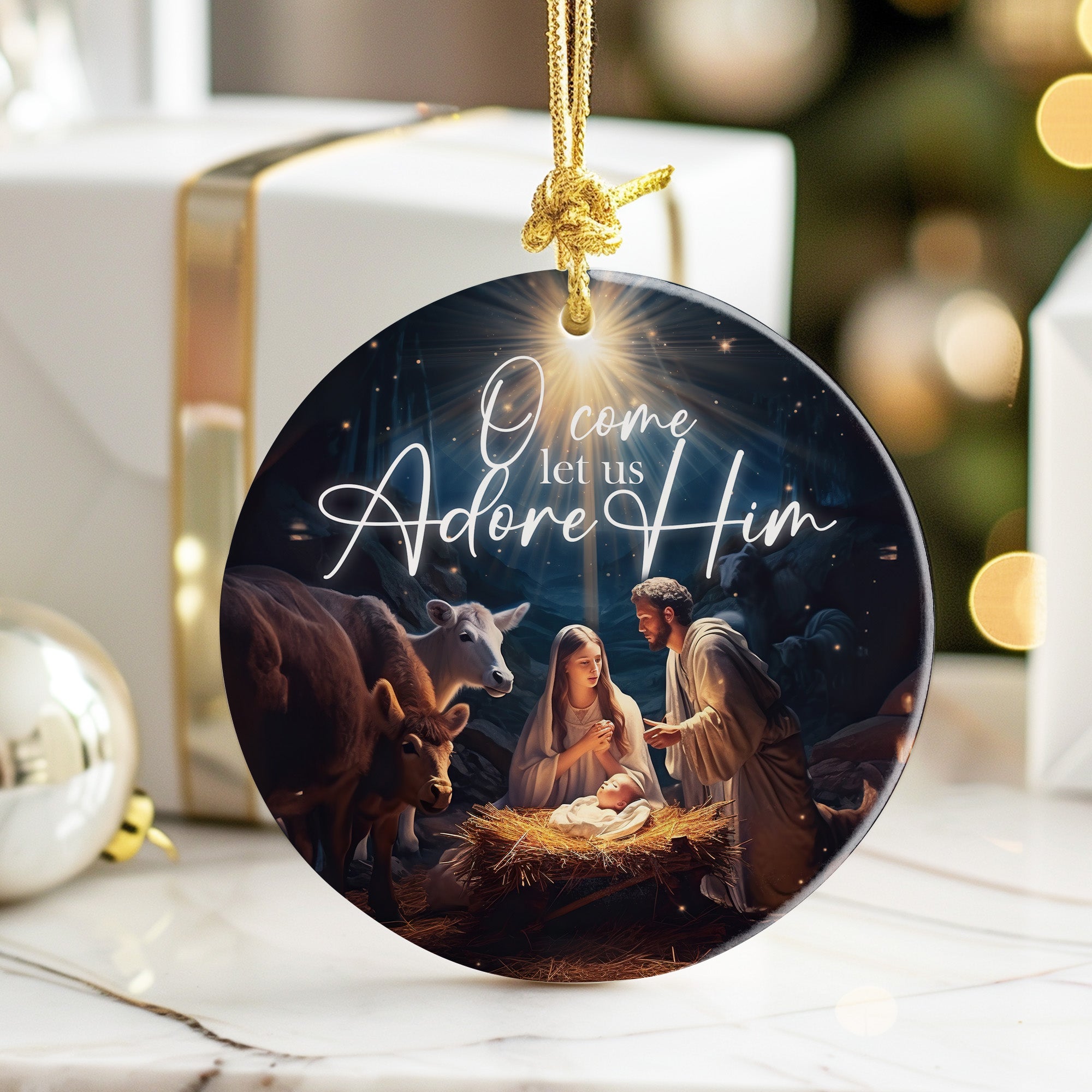 Personalized Nativity Scene Ceramic Ornament – Handmade Keepsake with Inspirational "O Come Let Us Adore Him" Design - Image 6