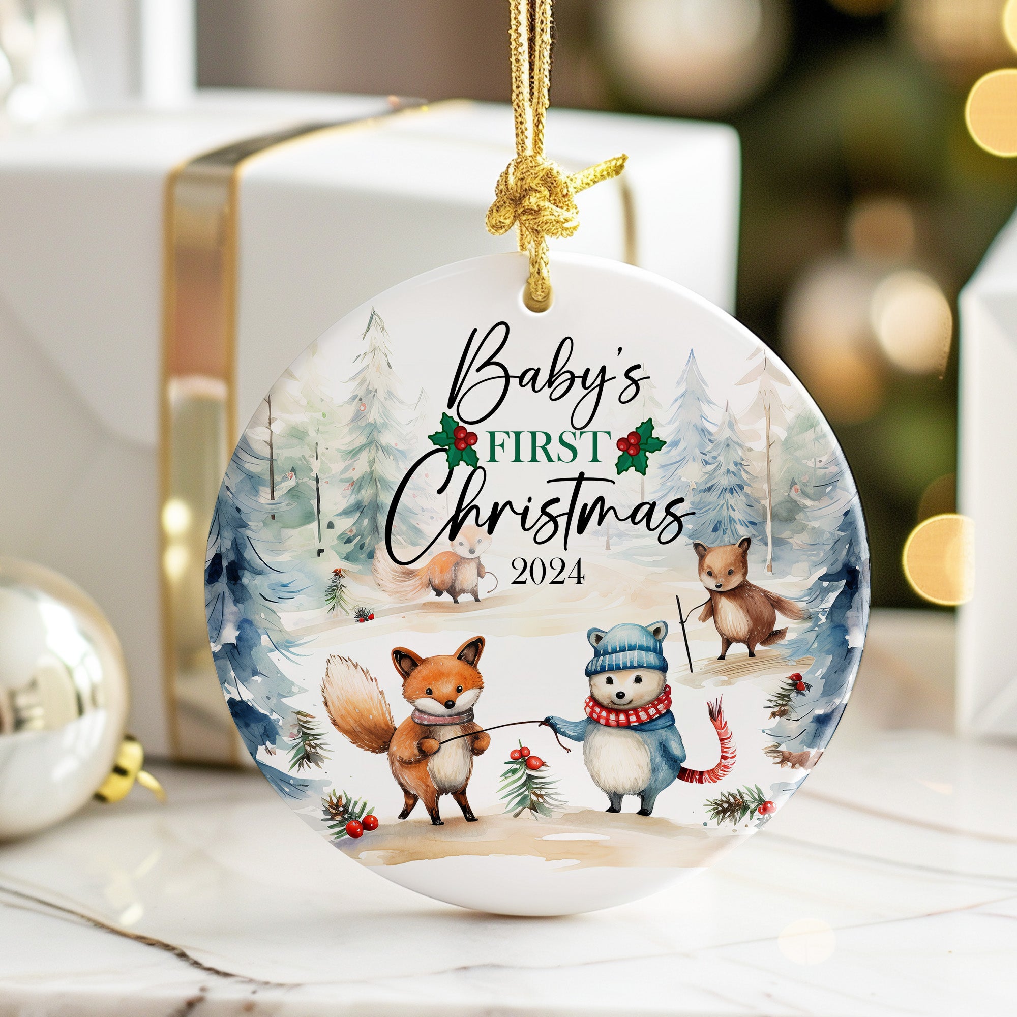 Personalized Baby's First Christmas 2024 Ceramic Ornament - Handcrafted with Woodland Animal Design, Perfect for New Parents and Holiday Keepsakes - Image 6
