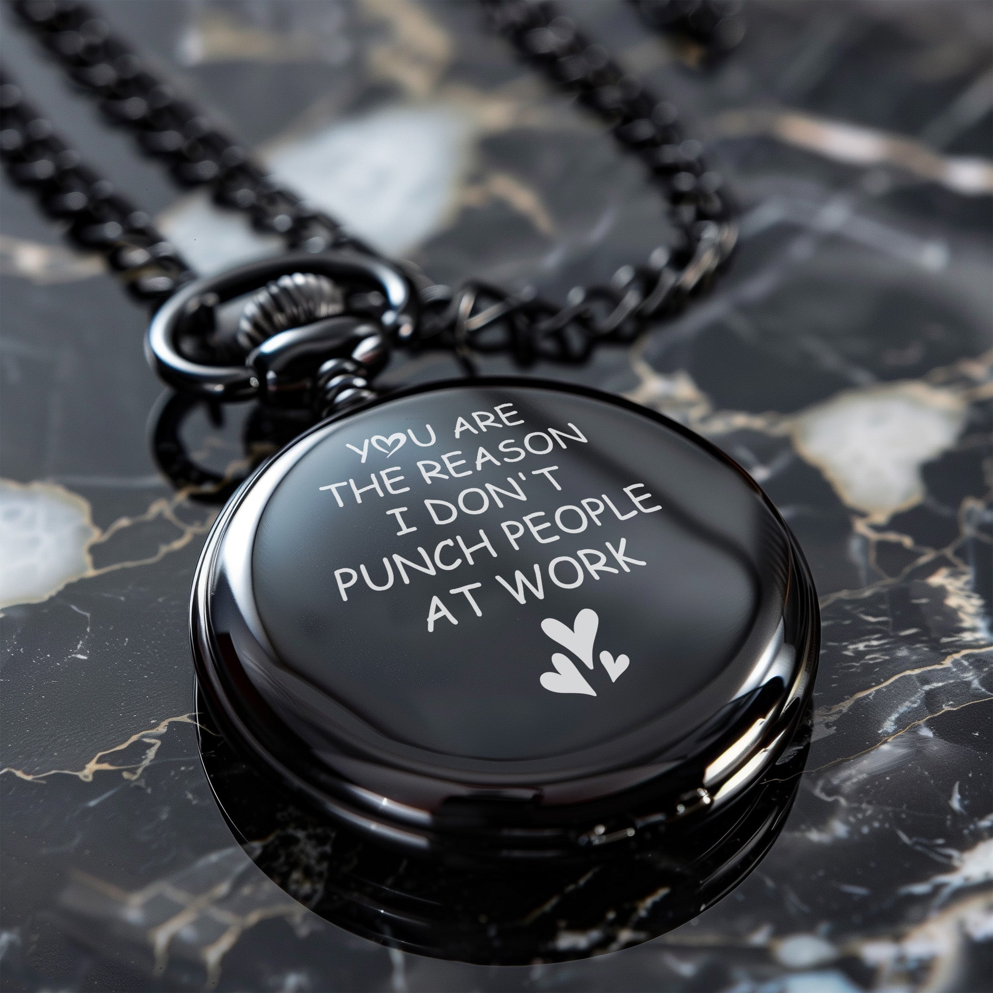 Personalized Pocket Watch with Humorous Message - Premium Black Finish with Heart Accents - Perfect Gift for Him or Her - Image 6