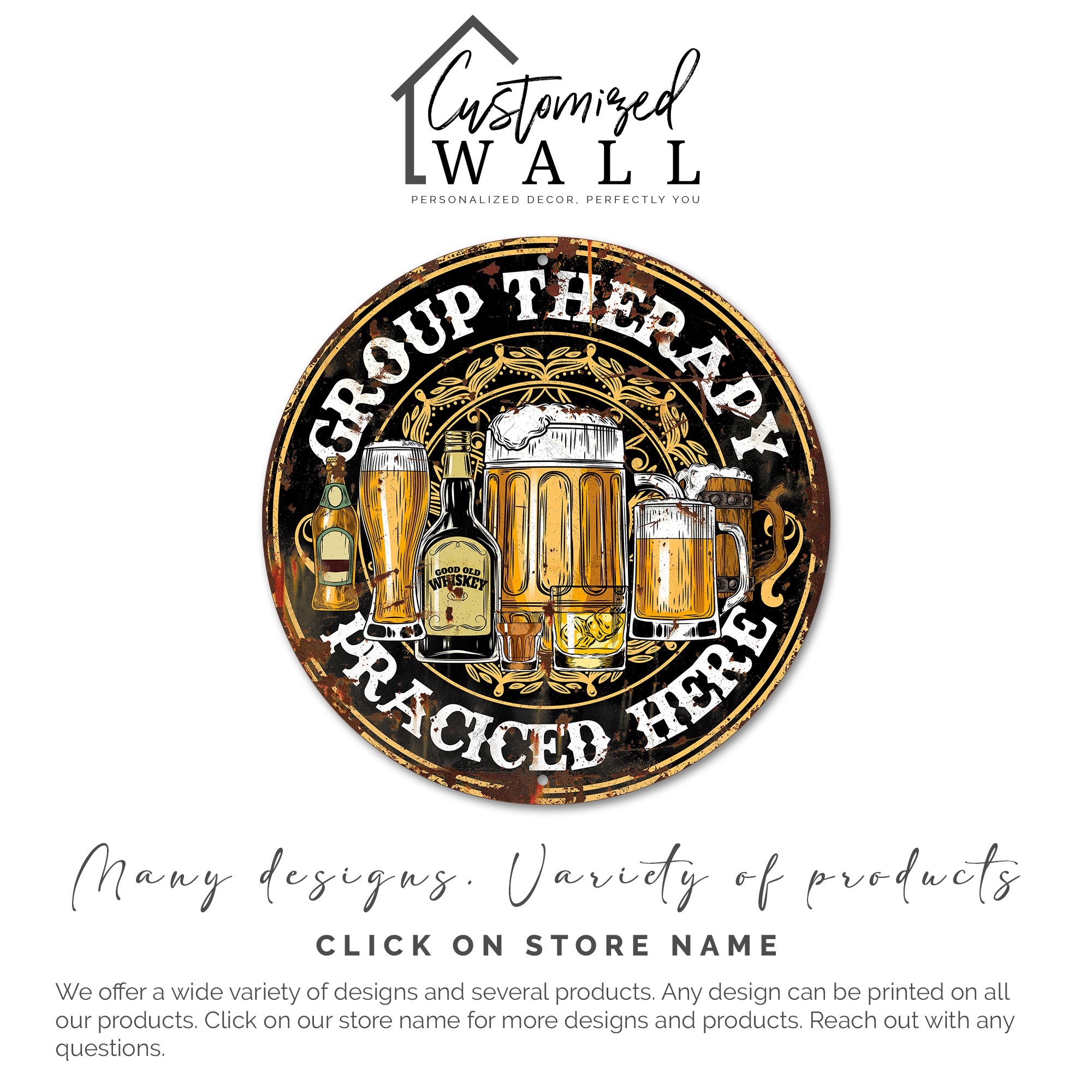 Personalized "Group Therapy Practiced Here" Round Metal Sign - Rustic Bar Decor for Beer & Whiskey Lovers - Image 6