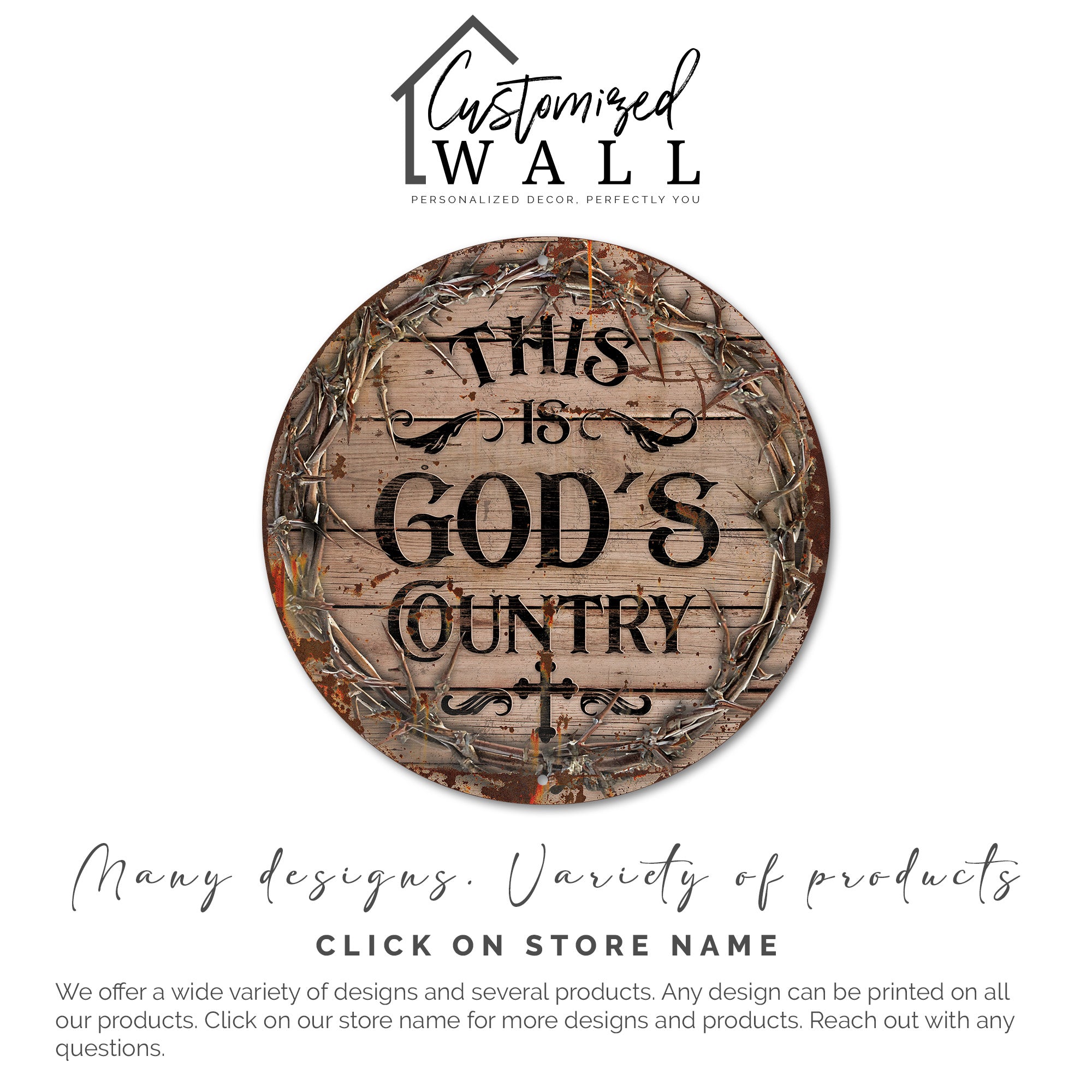 Personalized Round Metal Wall Sign - "God's Country" Rustic Design with Crown of Thorns and Oak Finish for Christian Home Decor - Image 6
