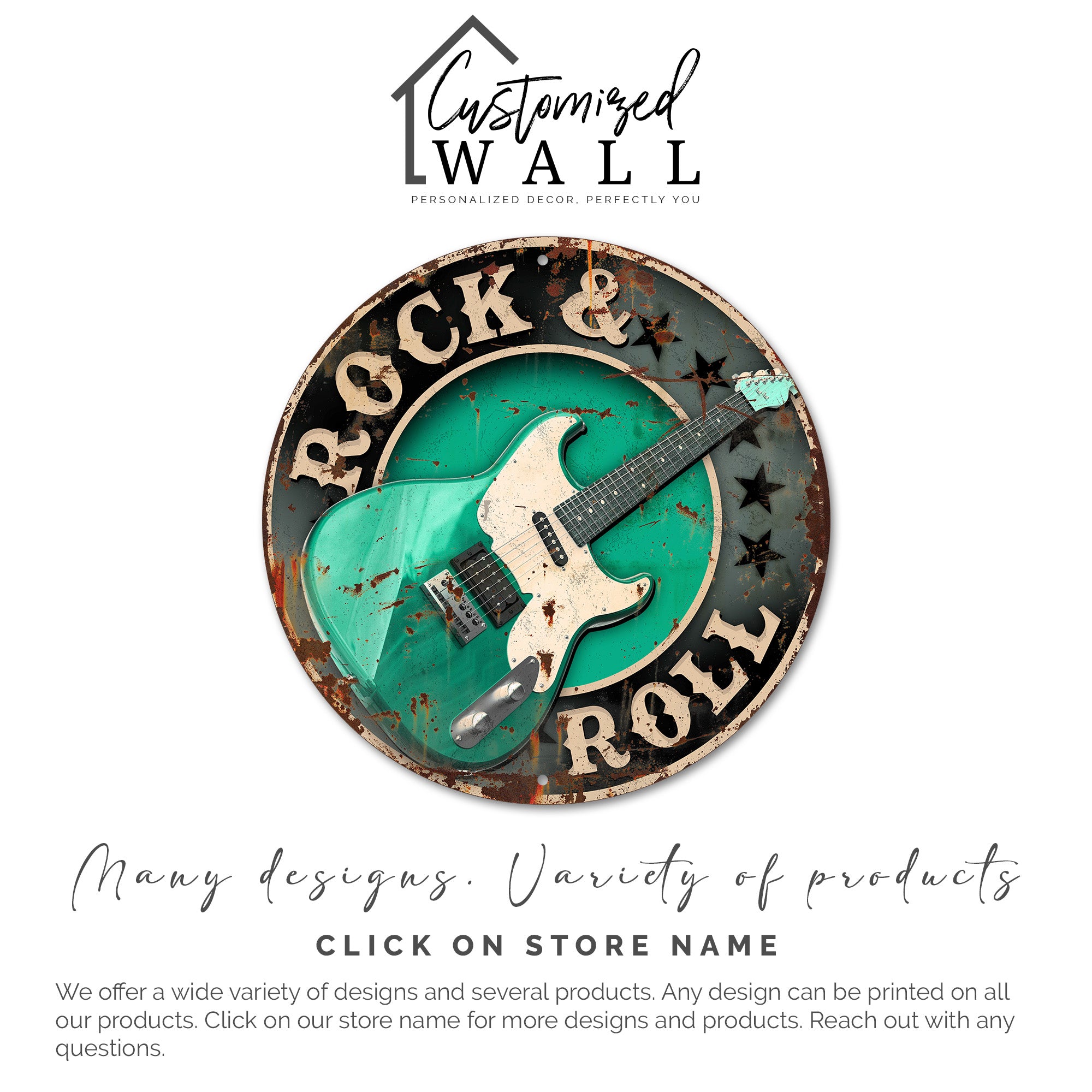 Personalized Rock & Roll Metal Sign - Custom Green Guitar Wall Art for Music Lovers - Image 6