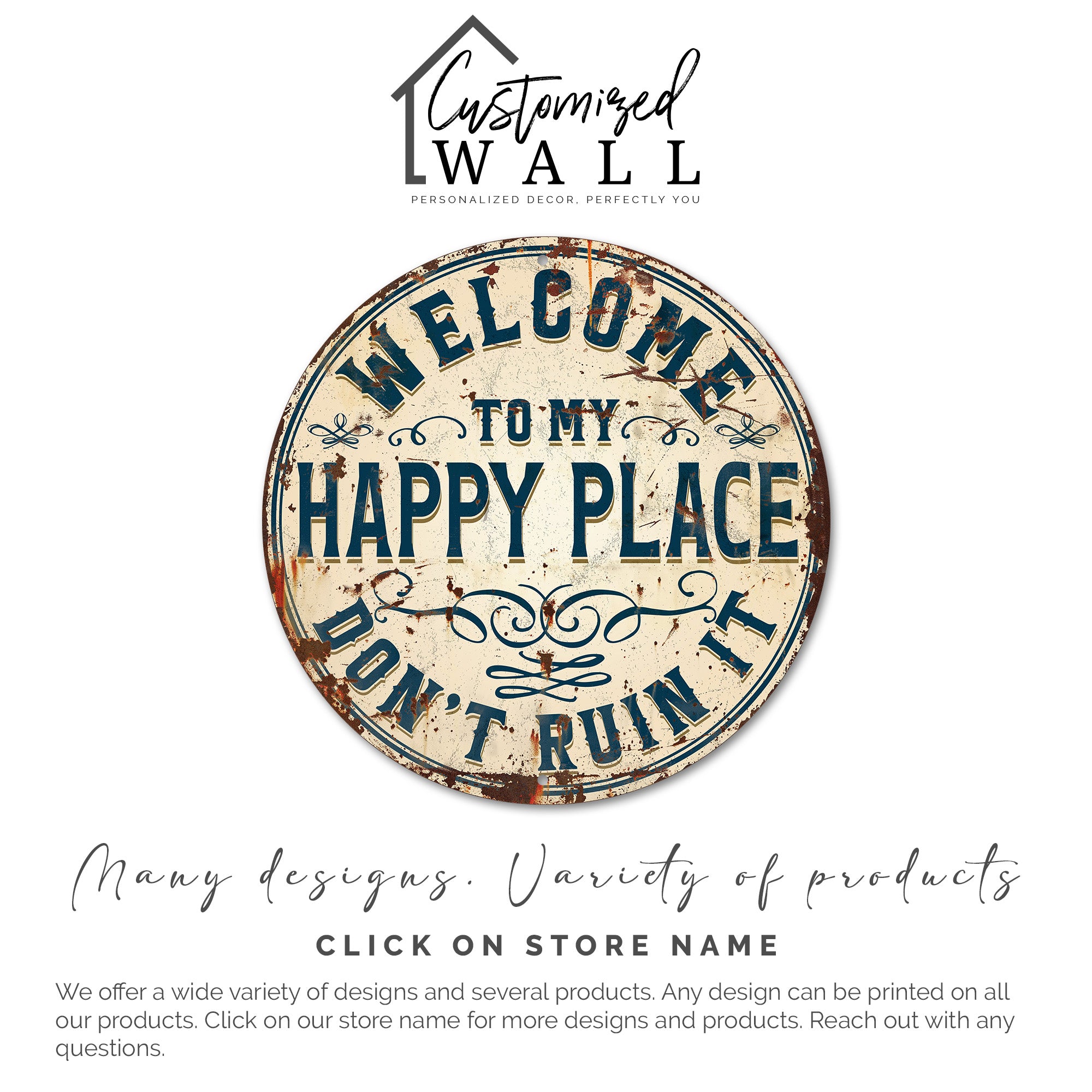Personalized Round Metal Welcome Sign - "Happy Place" Rustic Wall Art for Home, Gift for New Homeowners - Image 6