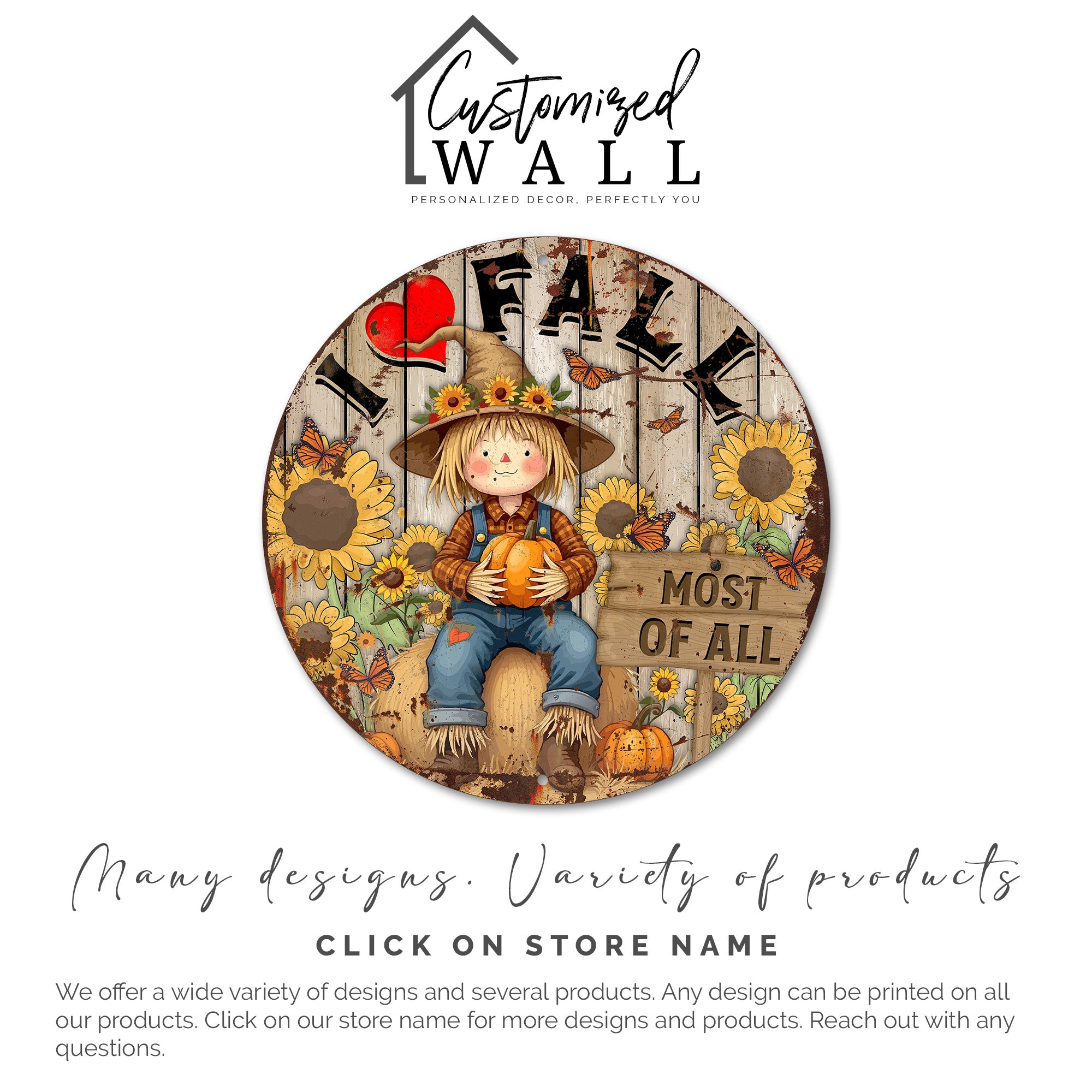 Personalized Fall Harvest Metal Sign – Charming Scarecrow with Pumpkins & Sunflowers for Autumn Decor - Image 6