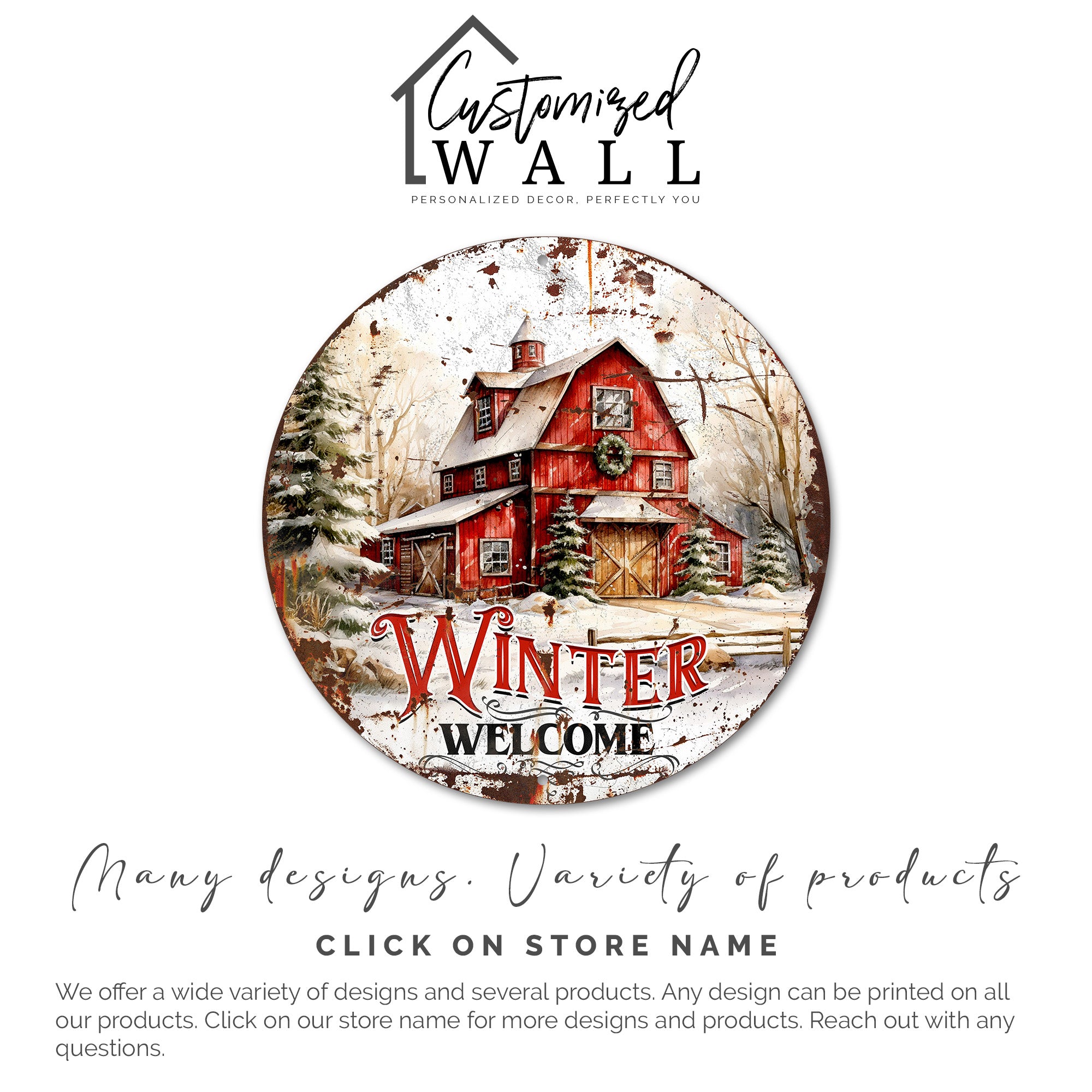 Personalized Winter Welcome Metal Sign – Rustic Red Barn Scene, Perfect Holiday Décor Gift - Image 6
