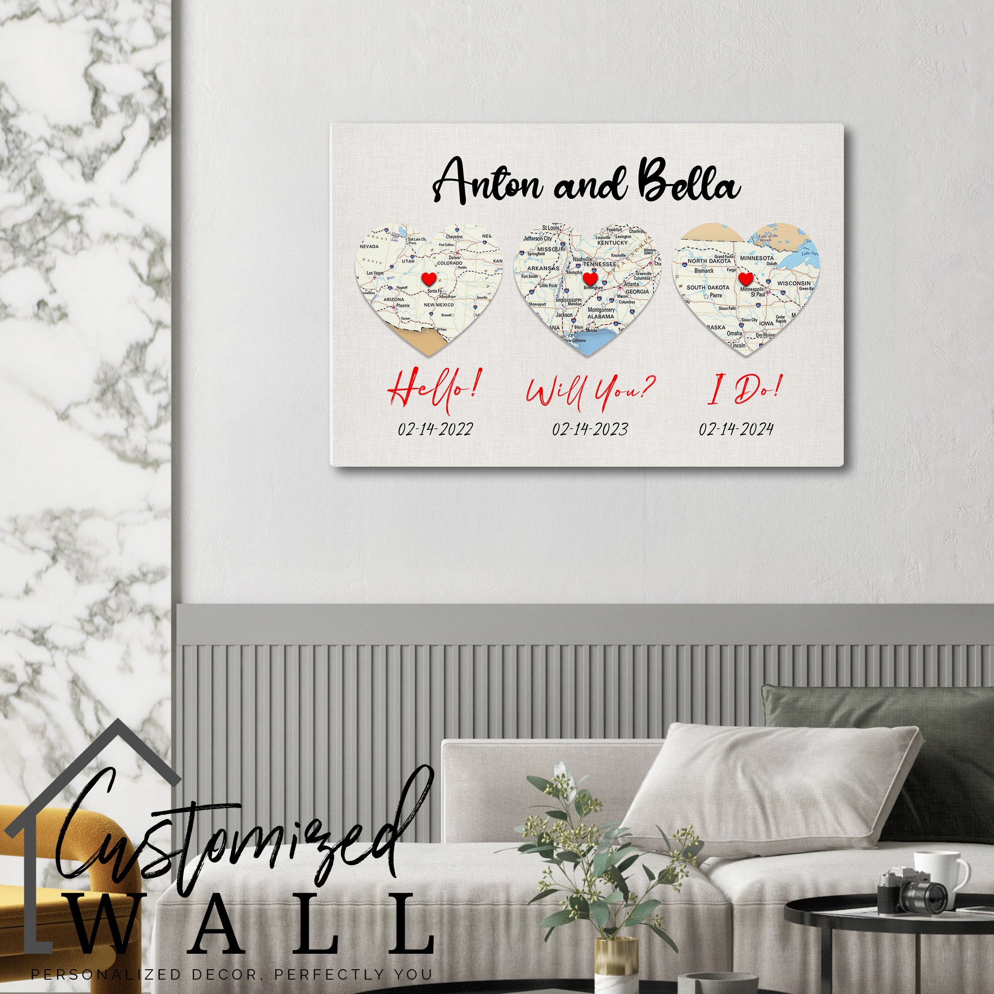 Personalized Milestone Heart Map Wedding Canvas - Custom Dates & Locations for Couples - Image 6