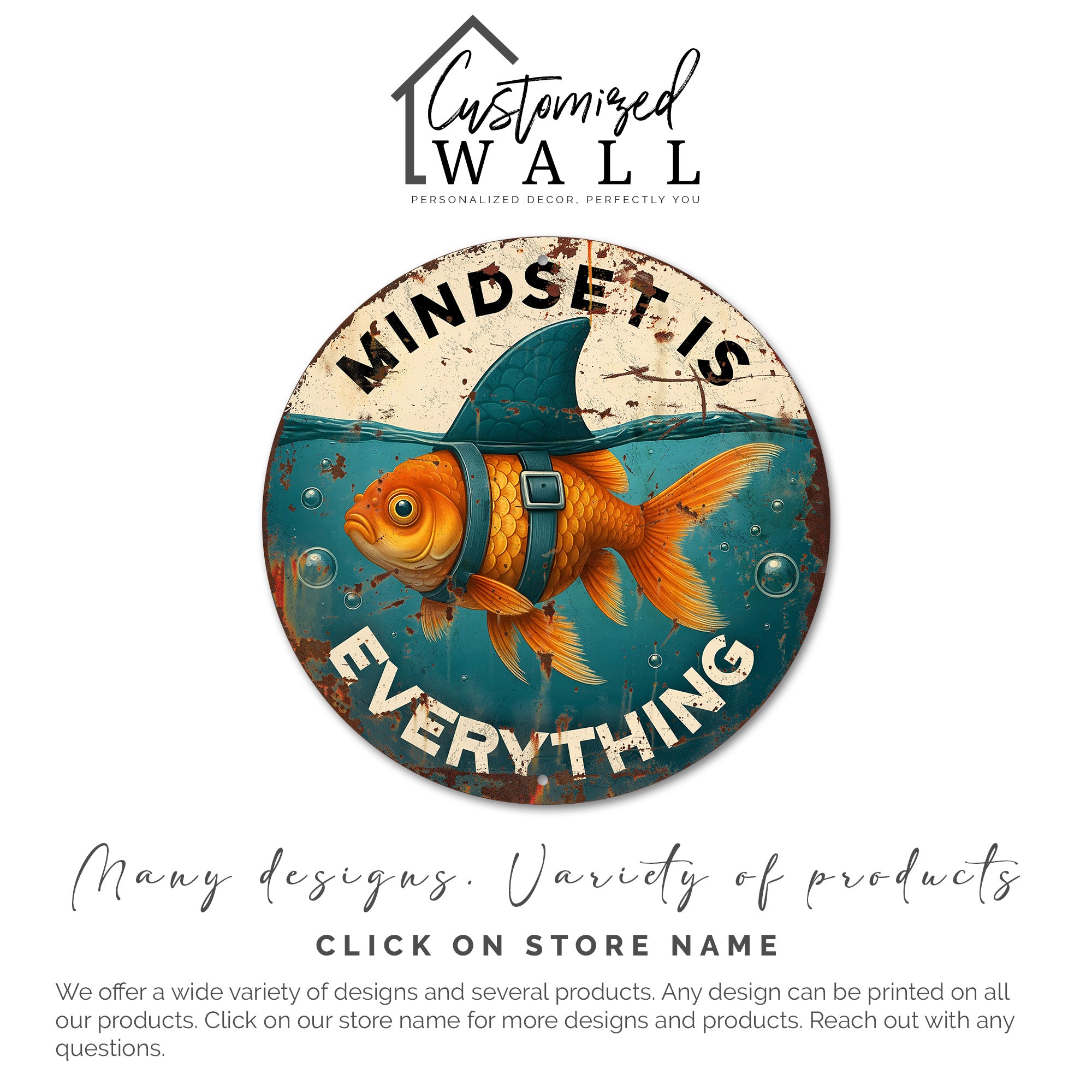 Personalized Metal Inspiration Sign - “Mindset is Everything” with Goldfish and Shark Fin Design for Unique Gift Giving - Image 6